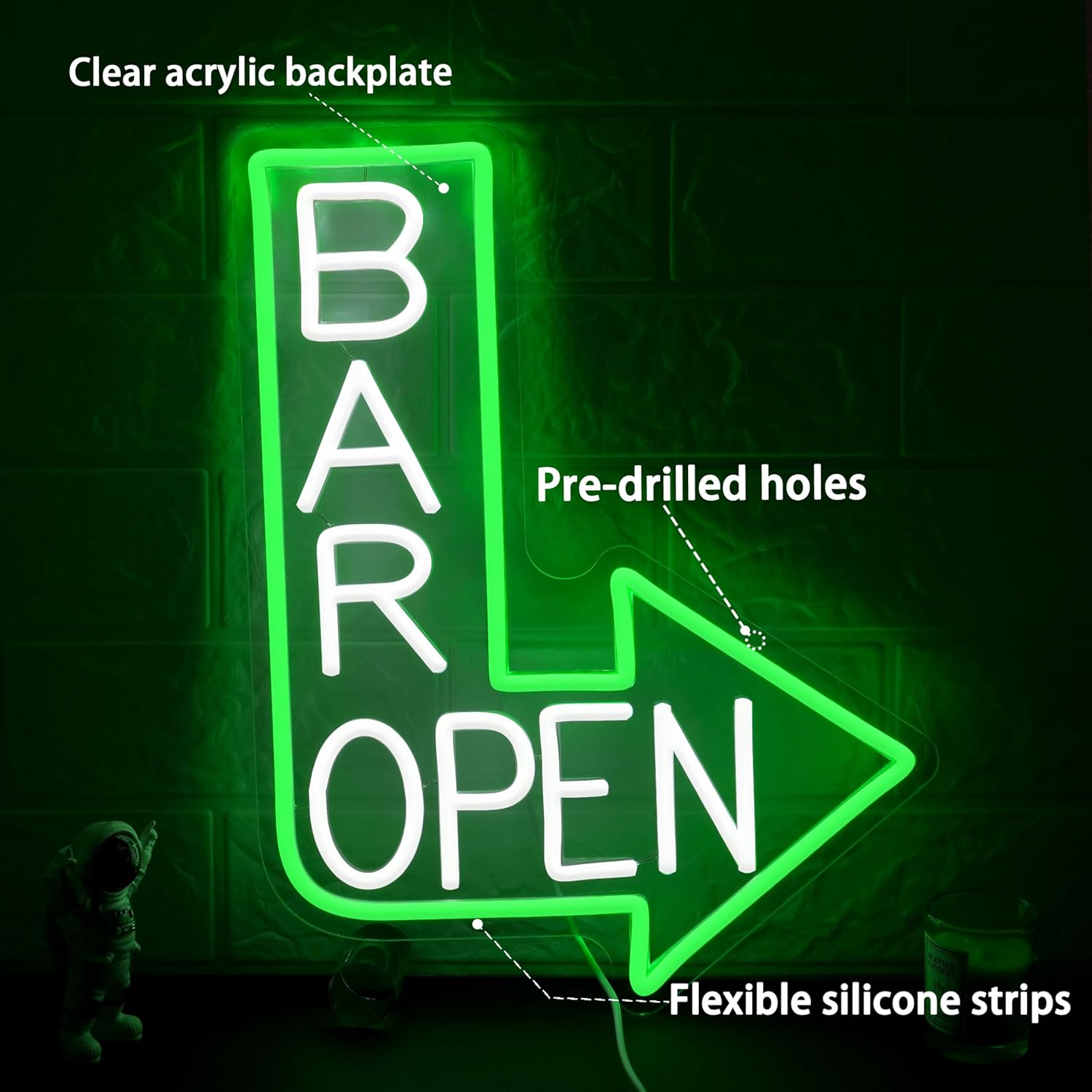 Bar Open Neon Sign for Wall Decor Dimmable Led Open Sign USB Powered Bar Arrow Light Up Sign for Man Cave Karaoke Restaurant Pub Cafe Salon (15.35 * 11.81) - Image 2