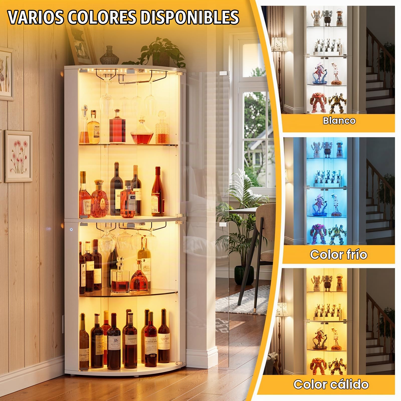 Vitrina de Cristal, Vitrina expositora, Armario de colección Moderno de 4 Capas con Puerta, Mueble Vitrina de Cristal con LED, para Dormitorio, Sala de Estar, 159 x 48 x 48 cm, Blanco
