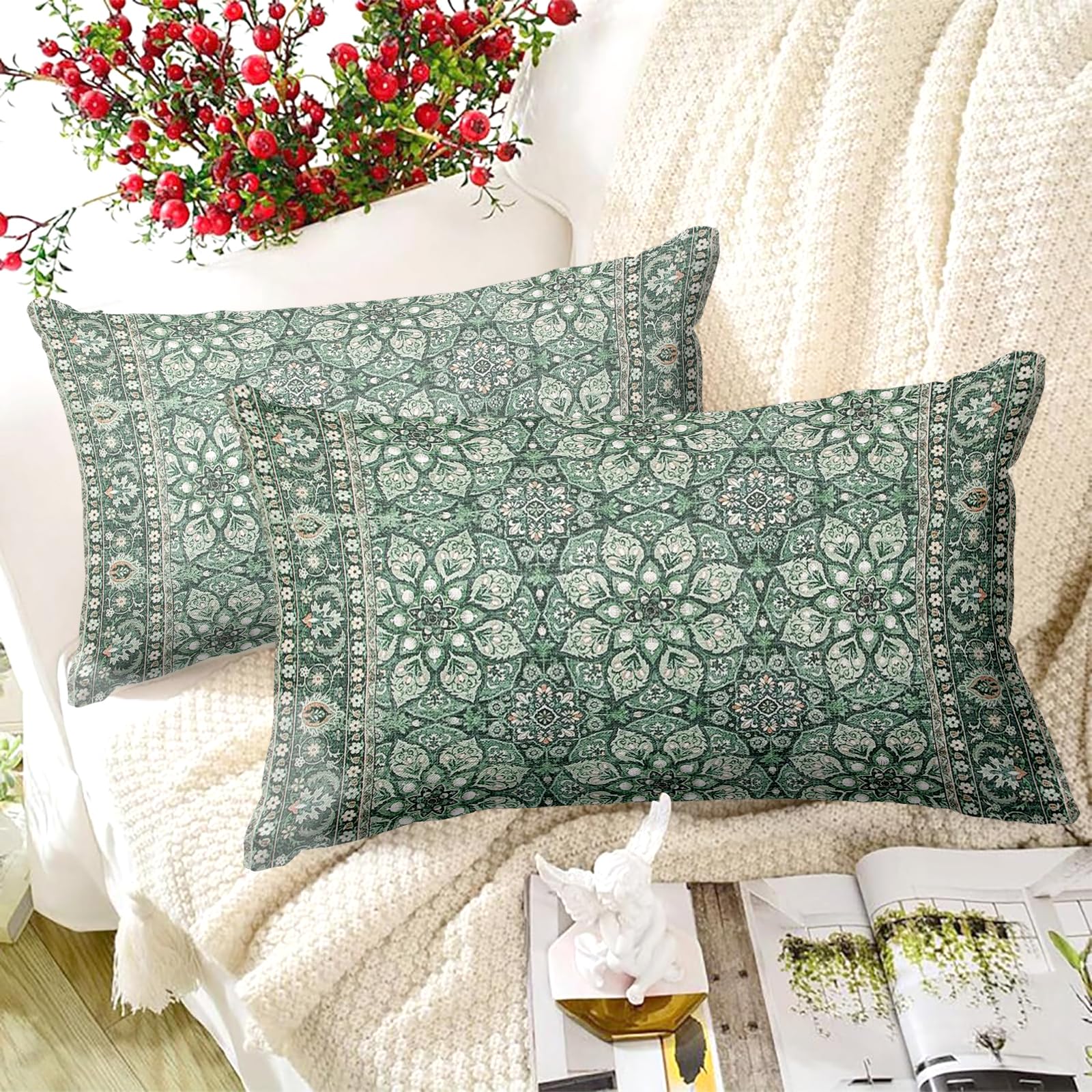 XPHZZL Pack of 2 Soft Decorative Cushion Covers 30cm x 50cm Square Throw Pillow Case Boho Style Pillowcases for Sofa Bedroom Outdoor Patio Garden with Invisible Zipper 12 x 20 Inch-Cyan Flower - Image 3