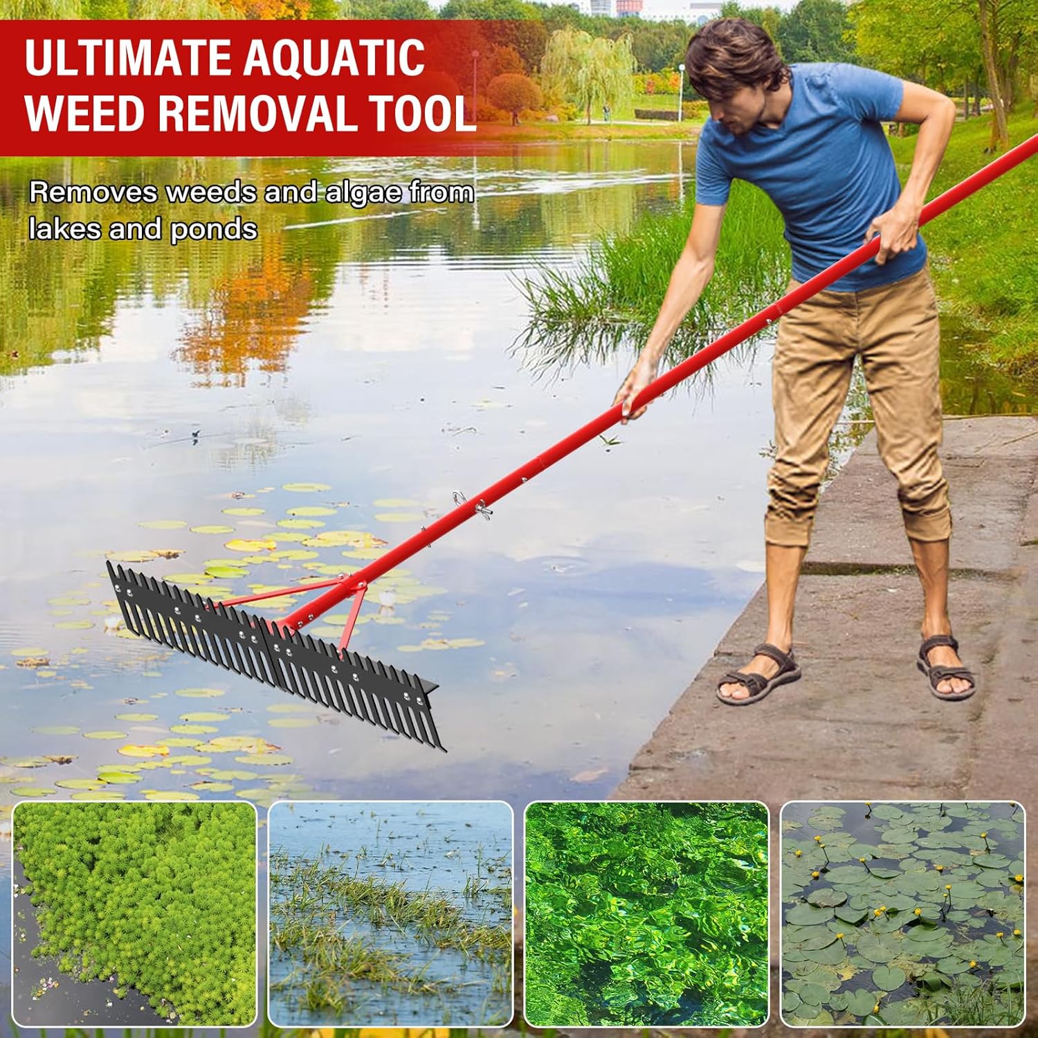 Adjustable Aquatic Weed Rake 【2025 Upgrade Patents Pending】,Heavy Duty Aluminum Pond Rake,Double Sided Floating Lake Rakes for Removal of Weeds, Leaves & Floating Scum