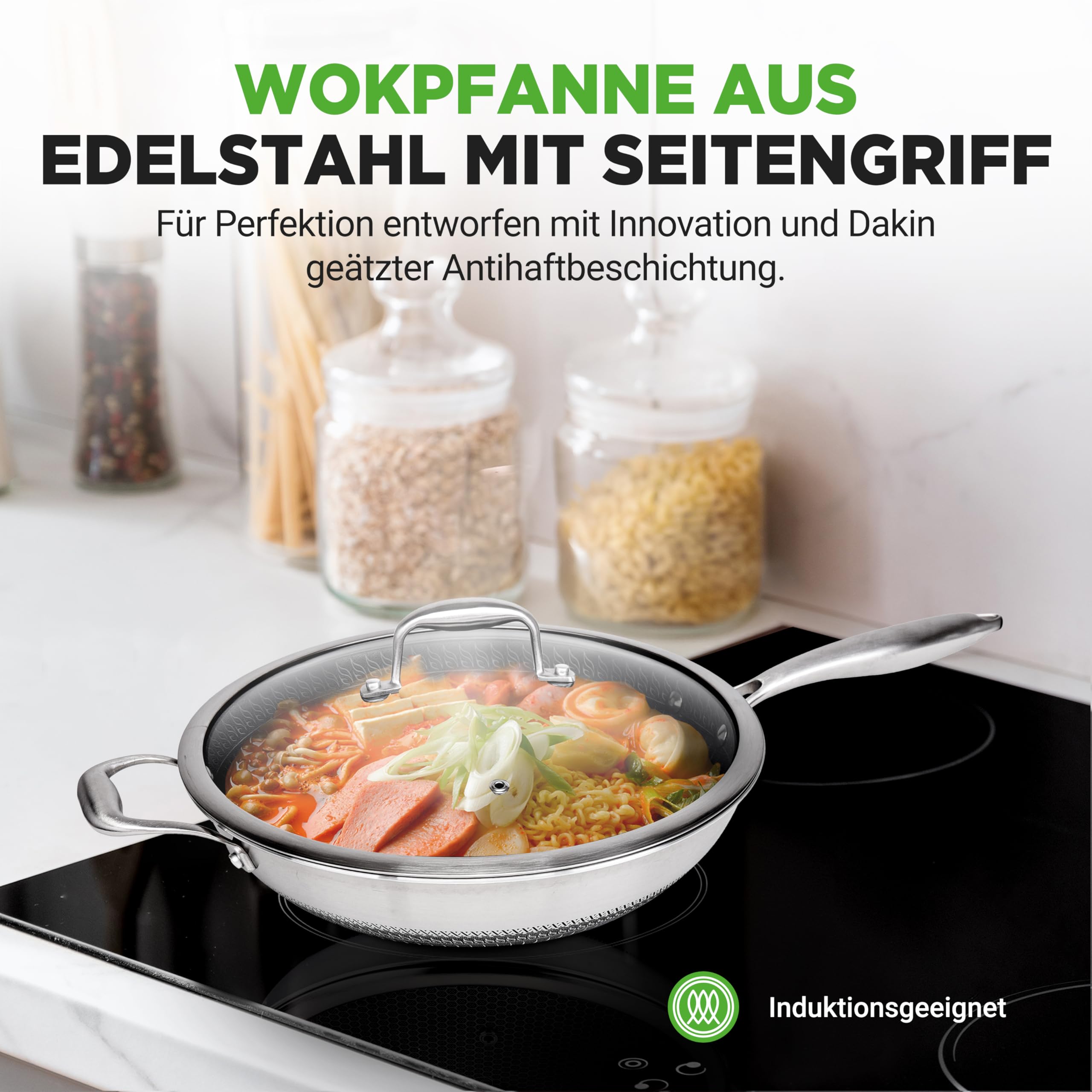NutriChe Woklpfanne 31 cm mit Deckel – Antihaft pfanne Induktion Kratzfest spülmaschinengeeignet ofenfest und für Metallutensilien geeignet, Silver