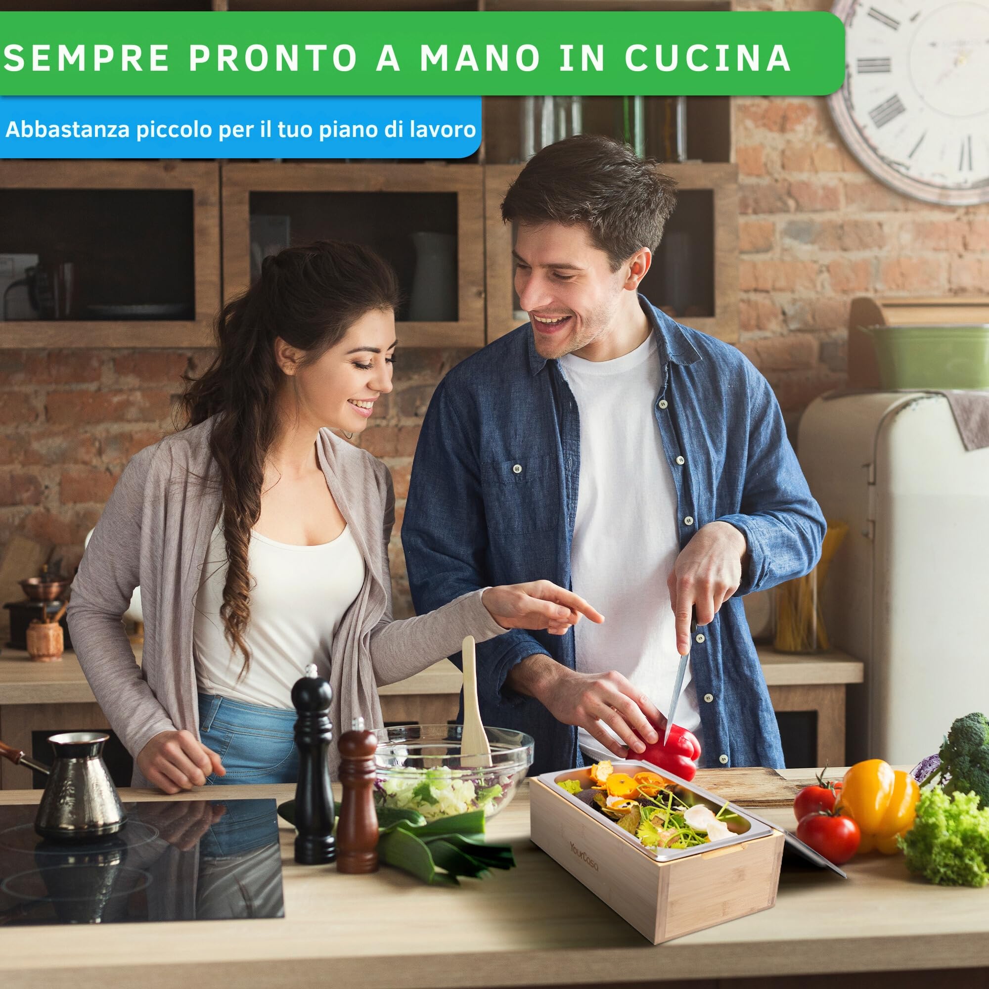 YourCasa pattumiera cucina 4,3L - bidone umido cucina - secchio umido in vero legno con inserto in acciaio inox - pattumiera umido - cestino umido cucina - compost (Bambù)