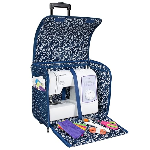 Everything Mary Collapsible Sewing Machine Case, Blue Dot - Craft Rolling Tote Cover Bag with Wheels for Brother, Singer & Most Machines - Storage Organization Carrying Cart for Accessories
