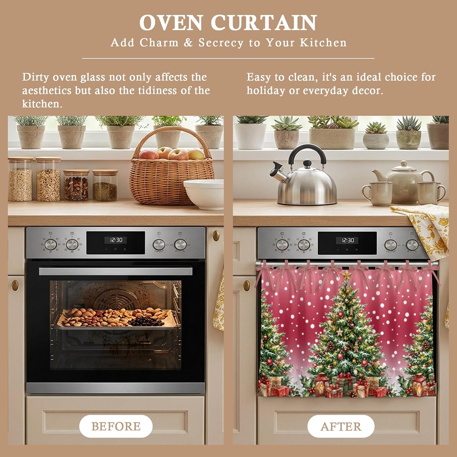 Christmas Winter Oven Curtain with Tie Top, Christmas Pine Tree Gift Boxes Snowflake Red Oven Skirt Curtains with Tie Top Cabinet Cover Curtain for Small Kitchen Apartment Decor 30 x 21.5 Inches image 5