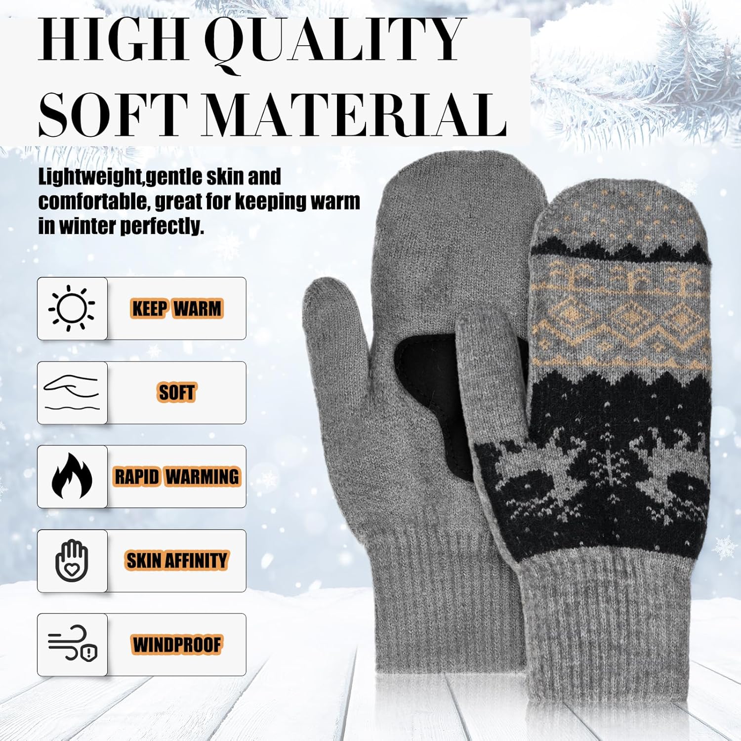 Vicenpal 3 Pairs Women Mittens Gloves Fleece Lining Cozy Wool Gloves Winter Cold Weather Thick Warm Knitted Mittens - Image 4