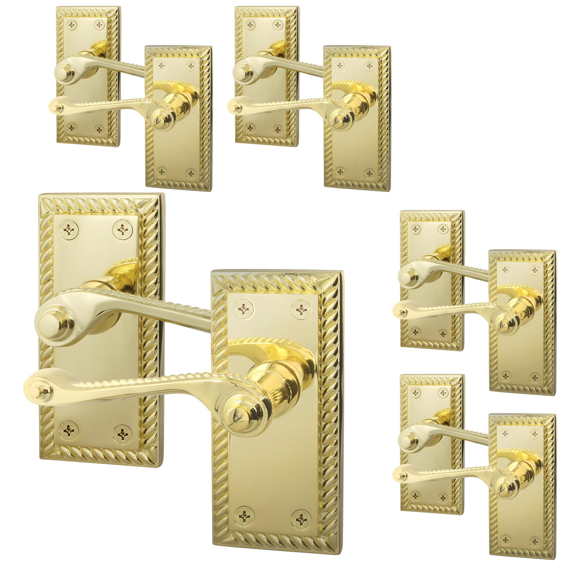 EAI Polished Brass Door Handles, 5 Pairs on Backplate - Rope Scroll