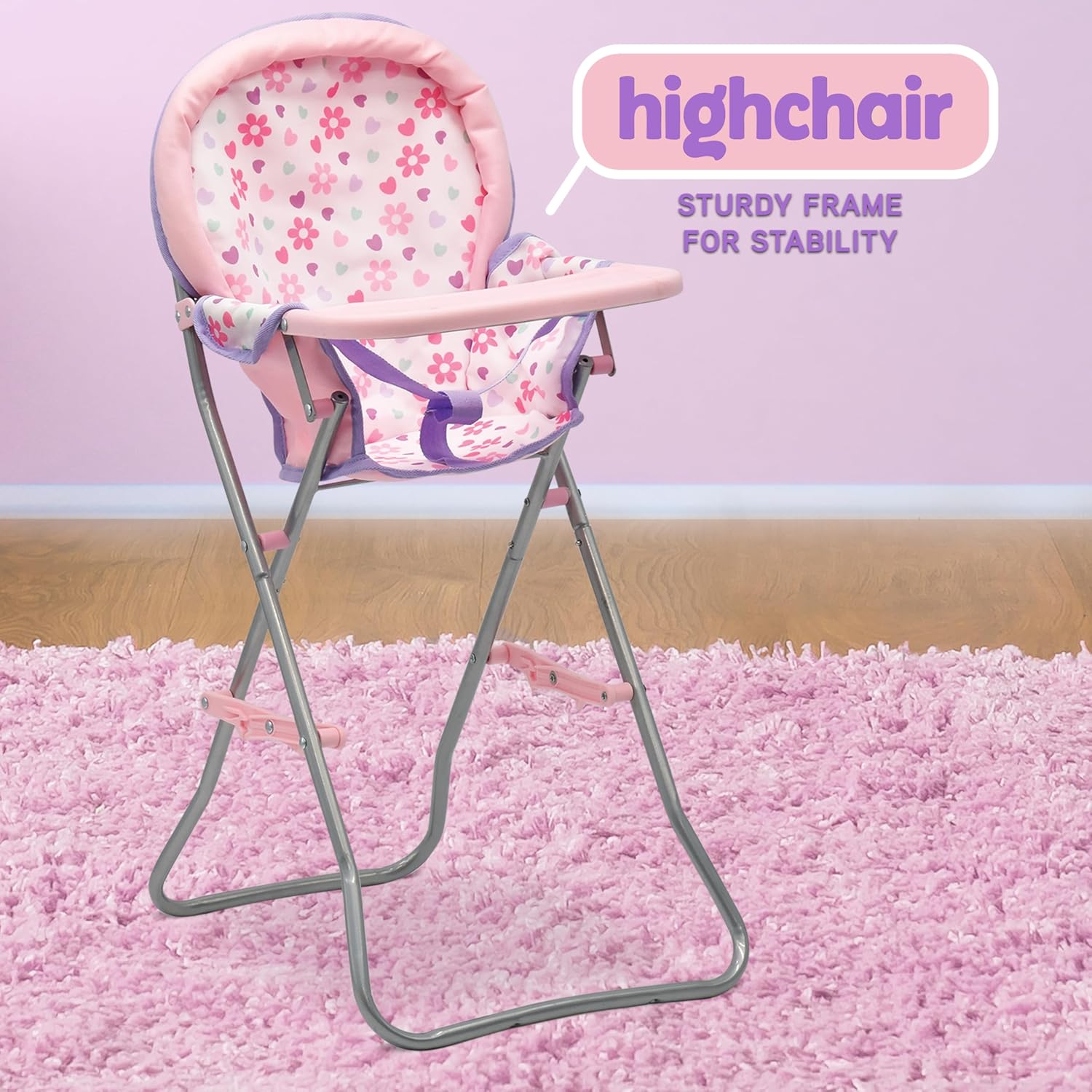 Baby Doll Nursery Playset Bed Carrier High Chair and Seat, Baby Doll Accessories Set Playpen Storage Bag Role Play Deluxe Doll Purple Set