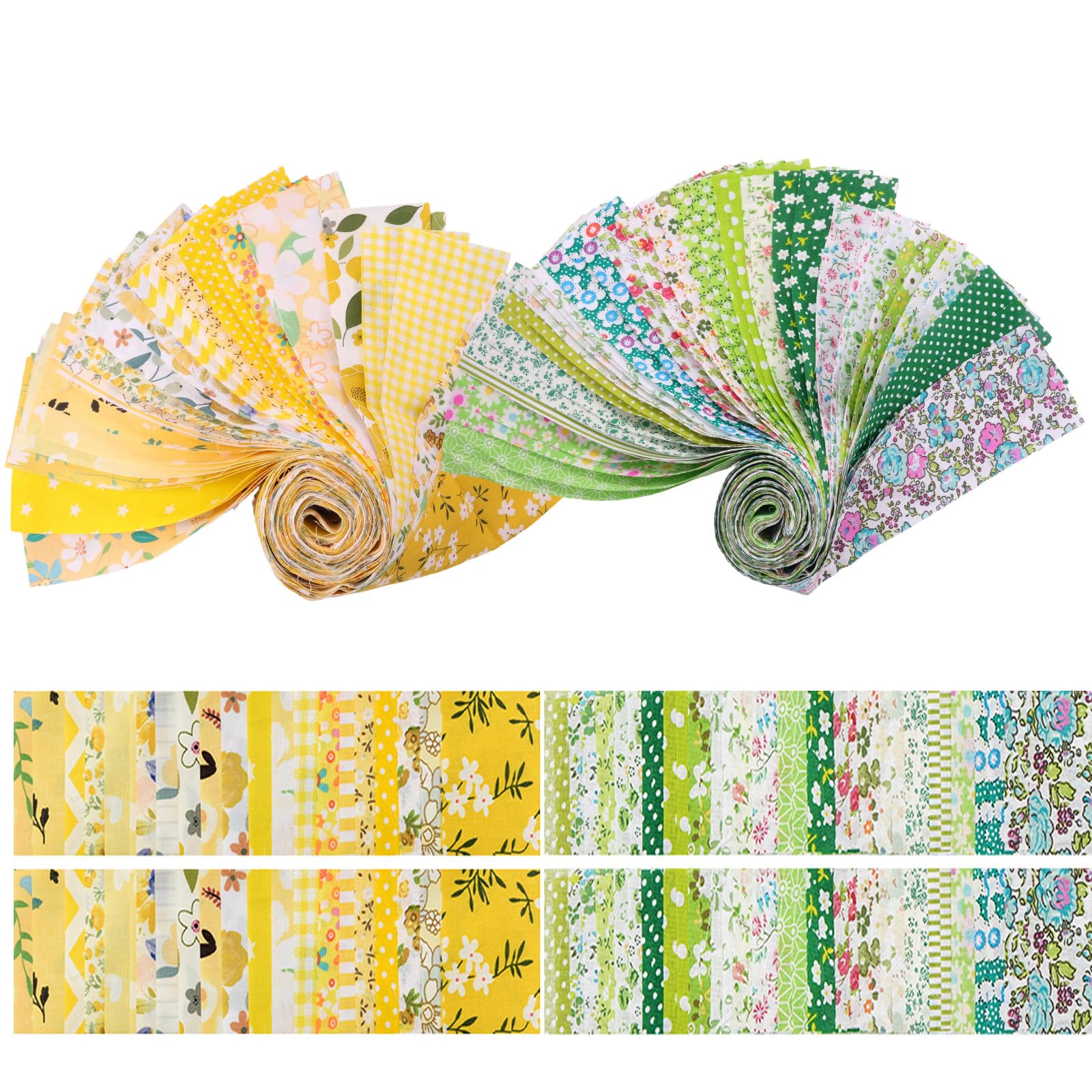 80Pcs Floral Cotton Fabric Strips Precut Quilting Fabric Bundles 50x6.5cm DIY Sewing Craft Patchwork Cloth(Yellow Green)