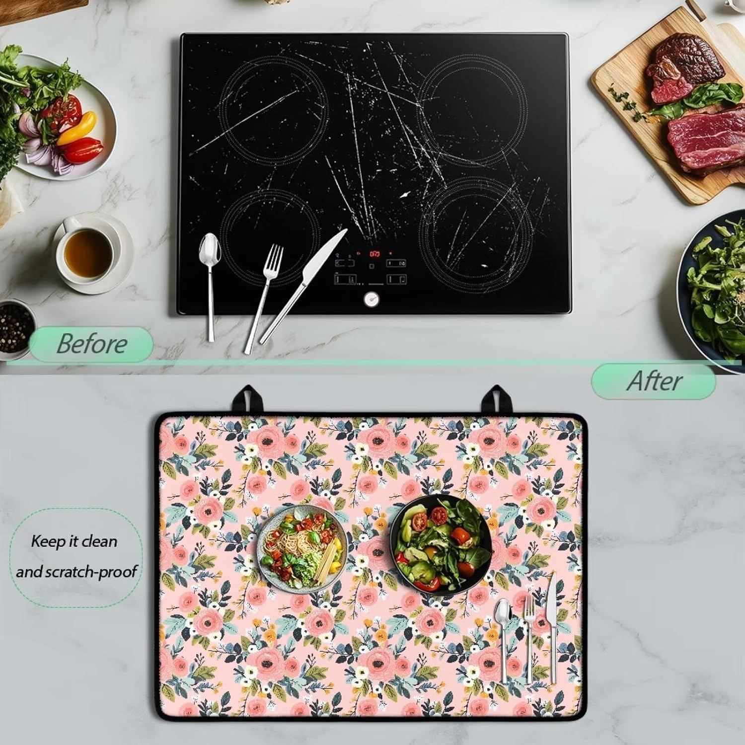 Pink Flower Stove Top Covers for Electric Stove, Glass Stove Top Cover Protector, Thick Induction Cooktop Protector,Dish Drying Mat,Cooktop Parts & Accessories