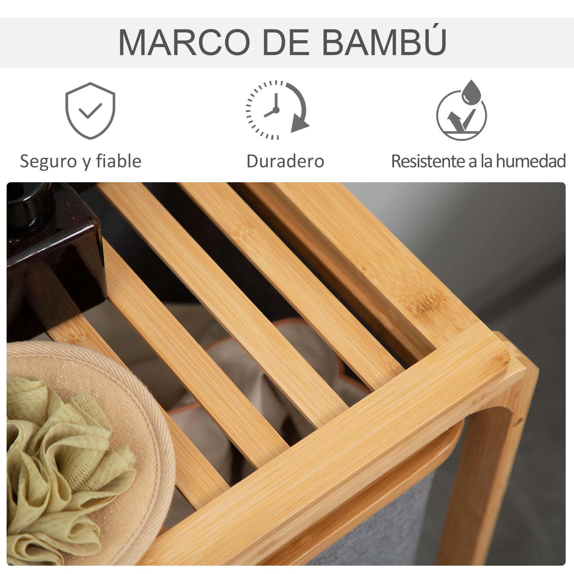 HOMCOM Cesto para Ropa Sucia de Bambú con 3 Bolsas 50x32x69,7 cm Gris | Bolsas de Tela Extraíbles, Estante Abierto, Cesta para la Colada, Baño Dormitorio