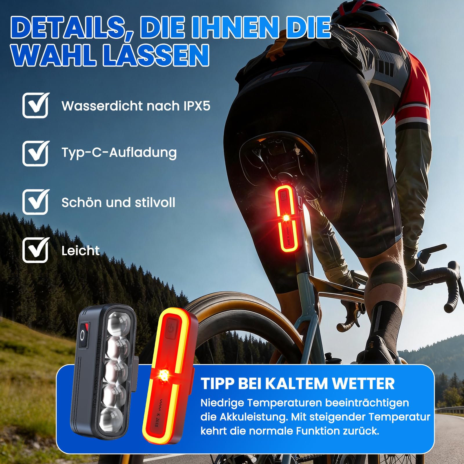 Kit d'éclairage LED rechargeable pour vélo conforme à la norme STVZO avec support GoPro