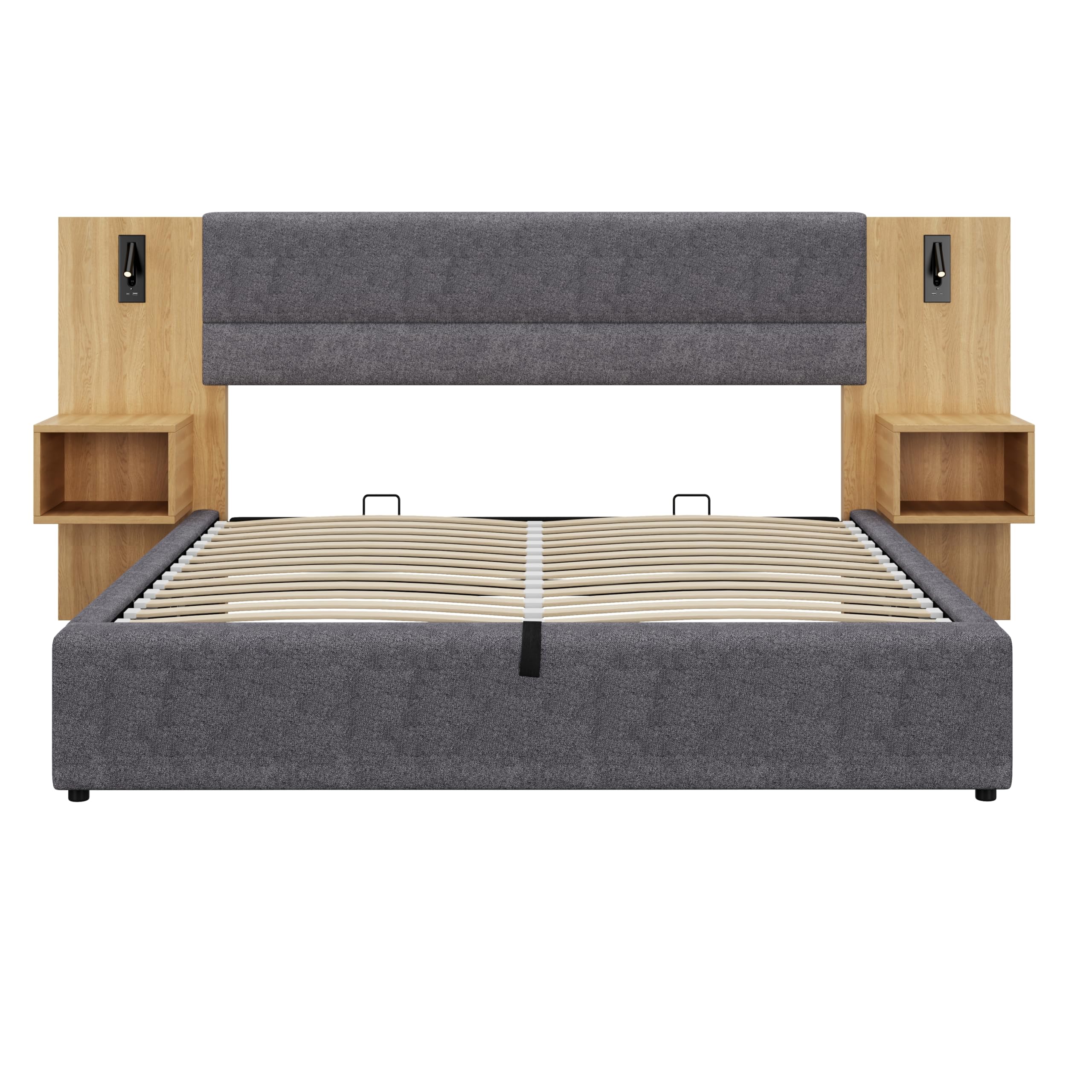 Letto imbottito 160 x 200 cm, idraulico, con connettore USB, illuminazione con due comodini con spazio di archiviazione, rete a doghe in legno, facile da montare, velluto grigio + naturale