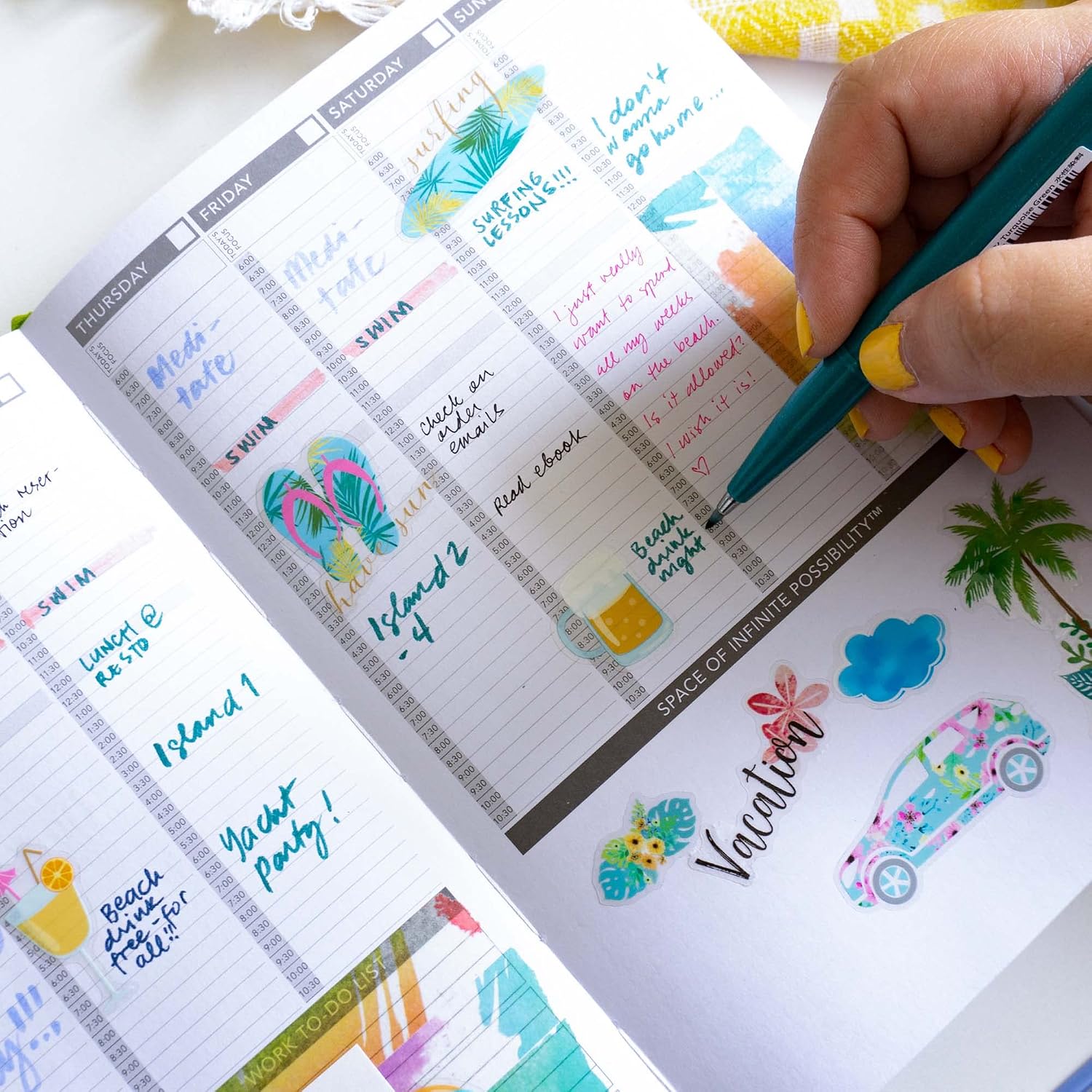 Navy Peony Tropical Beach Vacation Planner Sticker Sheets (8 Sheets, 144 Stickers) Waterproof, Transparent | Cute Summer Travel Decals for Scrapbook, Planners, Journals