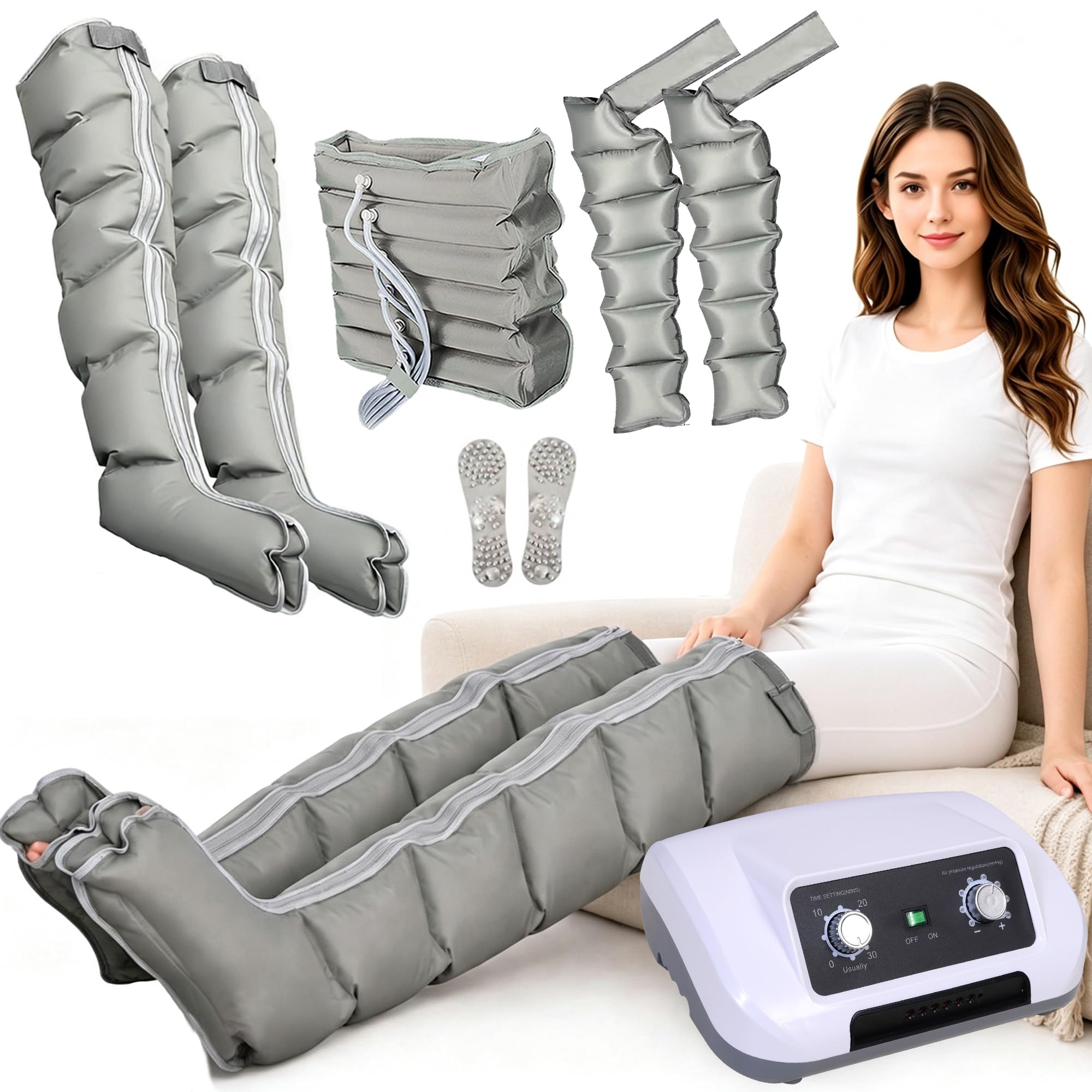 Máquina Presoterapia para Casa 6 Cámaras (Gris 2Piernas+Abdomen+2Brazos, L)