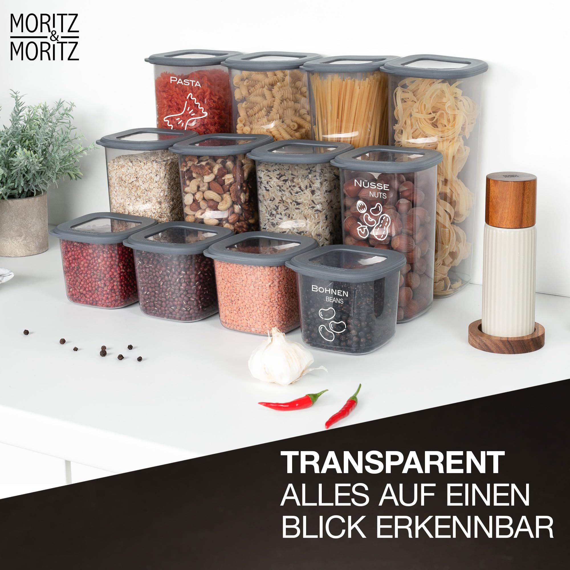 Moritz & Moritz 24er Set Vorratsdosen mit Deckel Luftdicht - Lebensmittelecht für Lebensmittelaufbewahrung - Vorratsbehälter Luftdicht und Stapelbar - Vorratsdosen Set für Aufbewahrung Küche