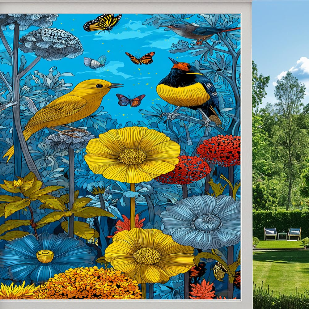 Colorful Birds Frosted Window Film, Garden Natural Butterflies Stained Glass Privacy Film, Heat Insulation Self-Adhesive Vinyl for Bathroom Office, （55x100cm）