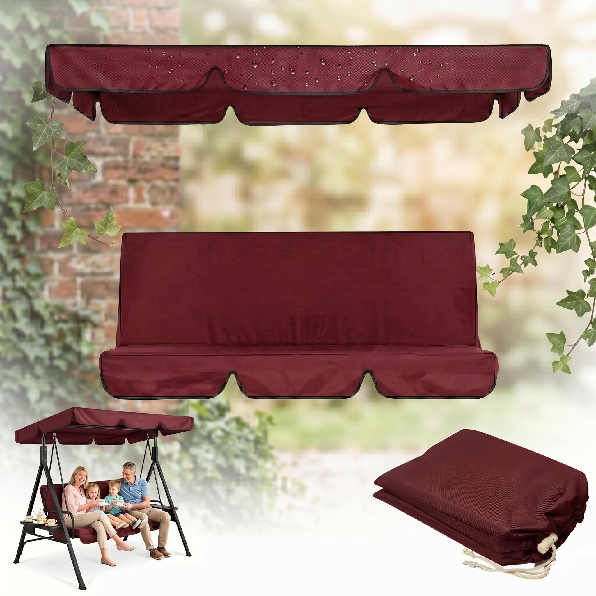 210D Garden Swing Canopy And Seat Cover Set, Heavy Duty Waterproof & Uv Resistant Replacement For 3-Seater Swing, 2-In-1 Outdoor Furniture Protector (Red, 249*185*18cm+150*50*10cm)