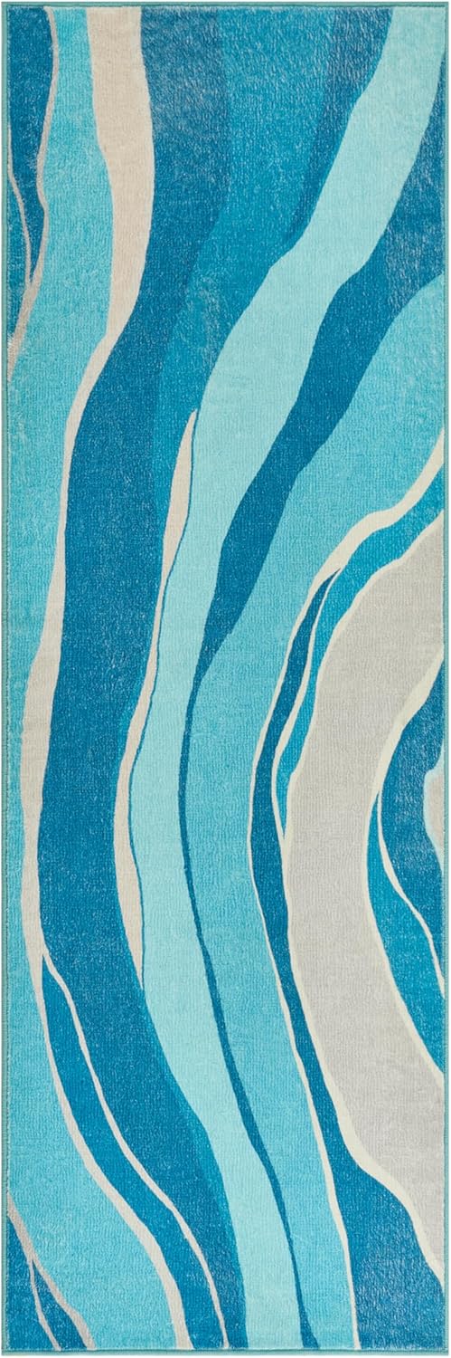 Wavy Stripes Soft Washable Faux Wool Stain Resistant Rug Non-Slip Backing for Playroom Bathroom Living Room Bedroom Modern Geometric Bedside Beachy Coastal Nautical Rug (Bronze Mint, 5' x 7')