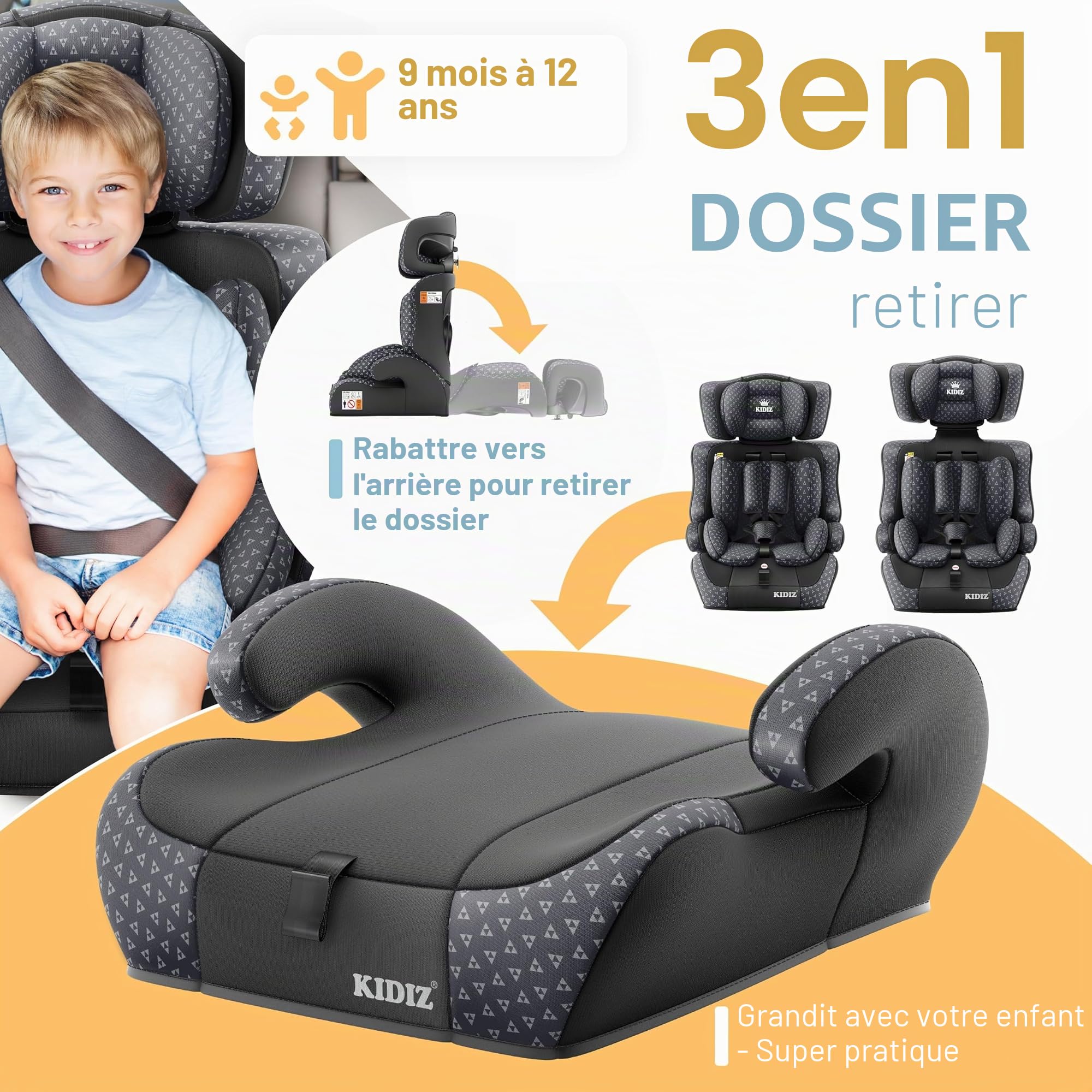 KIDIZ® Siège auto i-Size R129 100-150 cm jusqu'à 12 ans - Siège auto pour enfant groupe 1/2/3 sans Isofix, siège enfant grand, harnais 5 points, appuie-tête réglable en hauteur, rehausseur auto