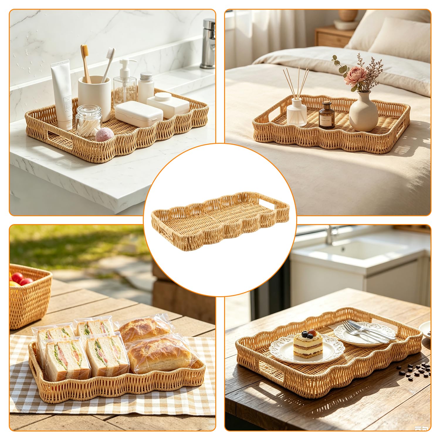 Bandeja rectangular con borde ondulado y asas, bandejas tejidas a mano