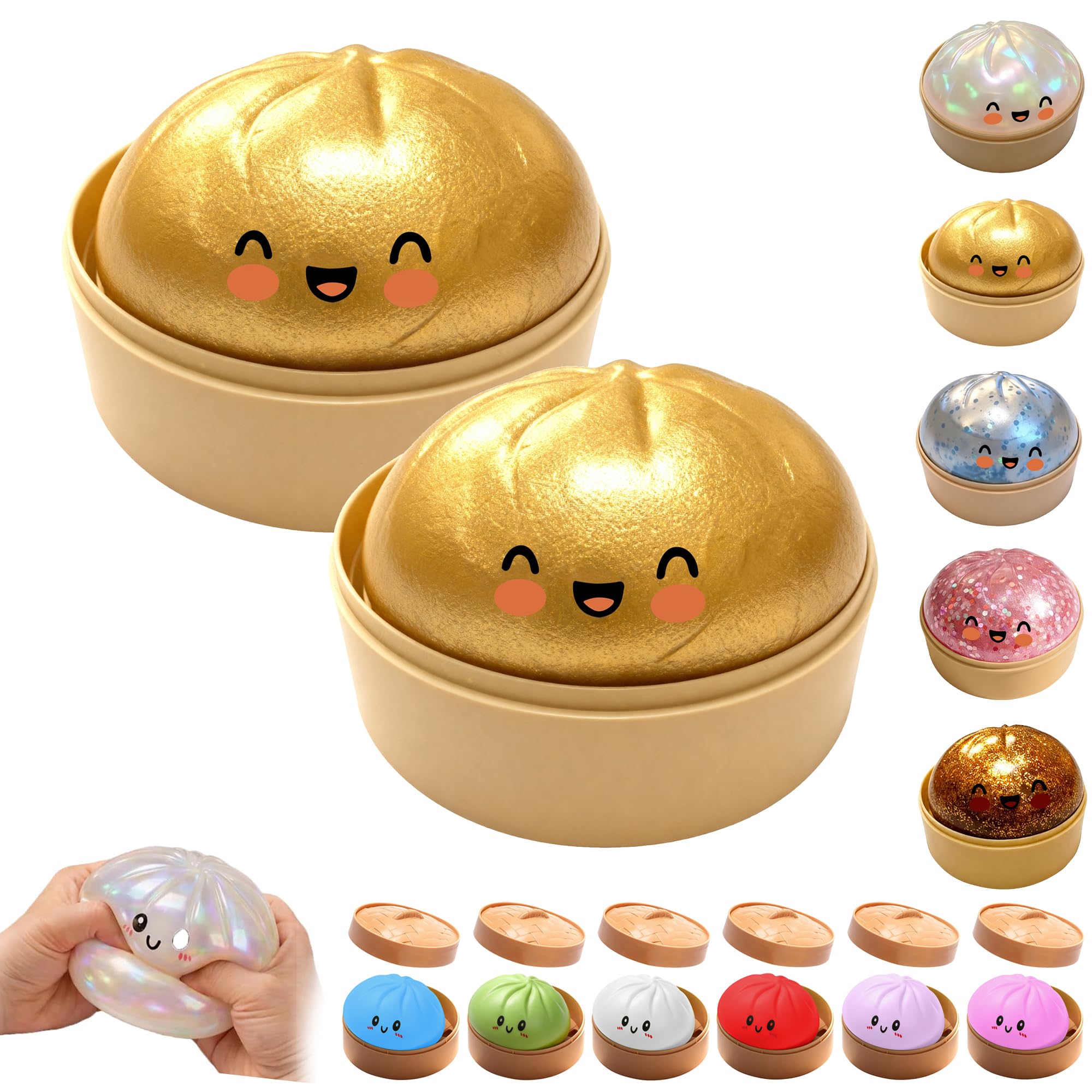 OKESYO Dumpling Squishy, 2Pcs Giant Squishy Dumpling Toy with Steamer Box, Mystery Rainbow Dumplings
