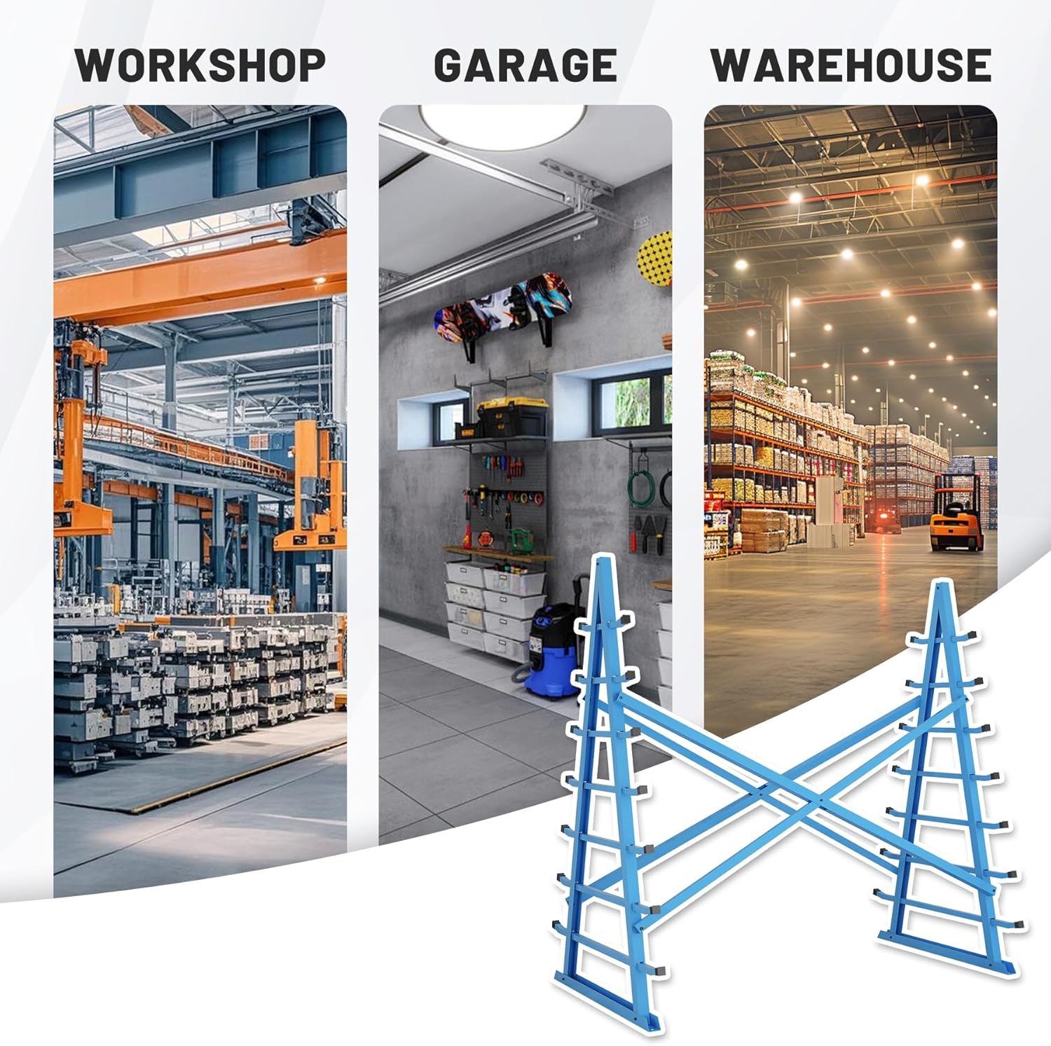 2000lbs Horizontal Lumber Storage Rack, 7-Tier Floor Standing Adjustable Storage Rack, Heavy Duty Steel Bar, Pipe, Long Parts Organizer Shelf for Garage Workshop Shed Basement, Blue