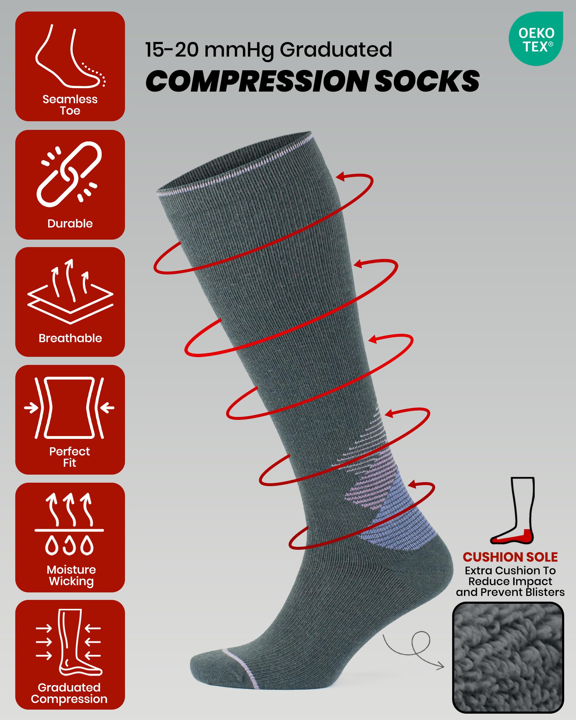 GoWith Calze a compressione in lana merino, 15-20 mmHg, termiche, da viaggio, imbottite al ginocchio, per uomo e donna
