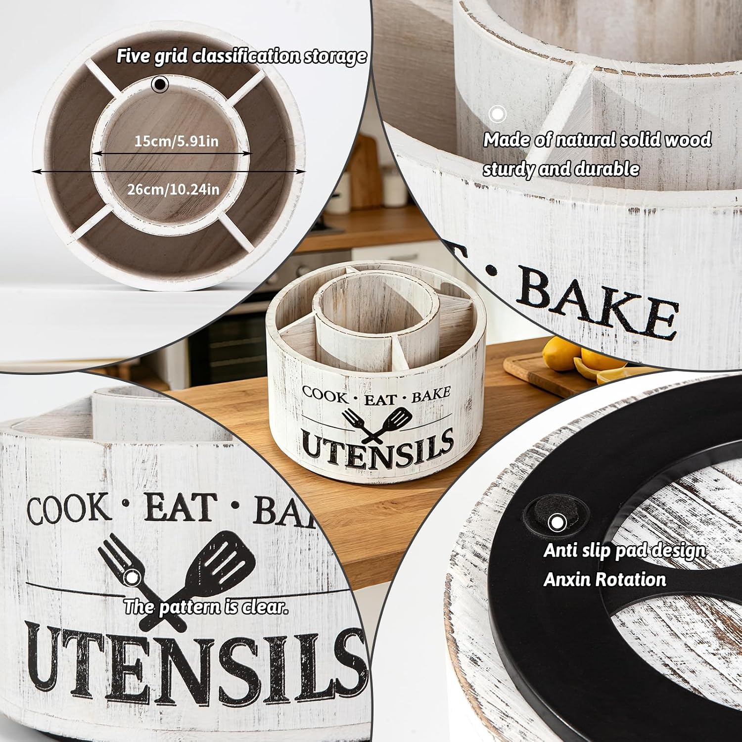 Rotating Utensil Holder for Kitchen Countertop, 360° Lazy Susan Wooden Utensil Organizer with 5 Compartments, Solid Wood Cooking Tool Storage Rack, Farmhouse White Kitchen Decor for Spatulas, Spoons