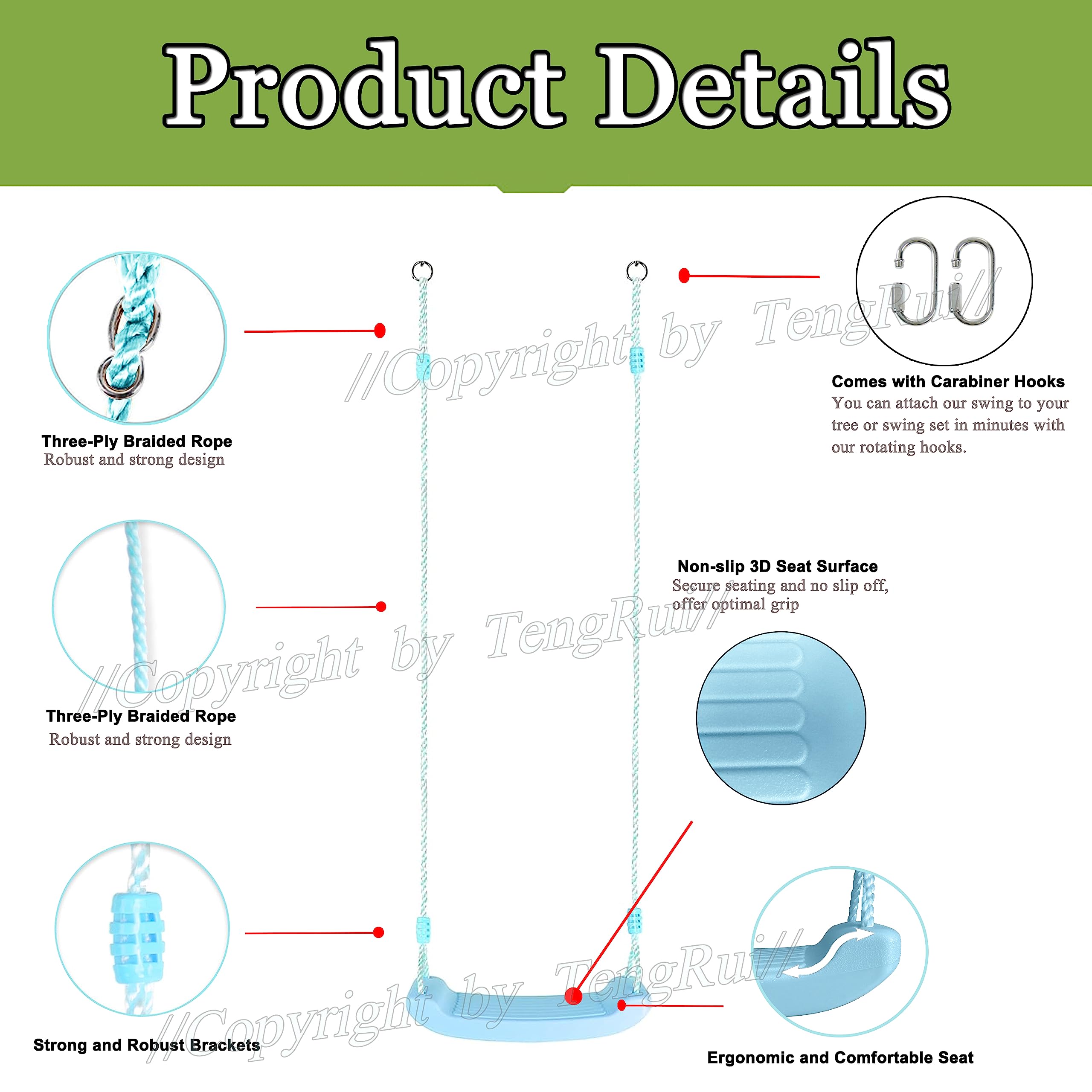 Swing Seat with Adjustable Rope and Screw Lock Carabiner Hooks Tree Swing for Indoor Outdoor (Light Blue)