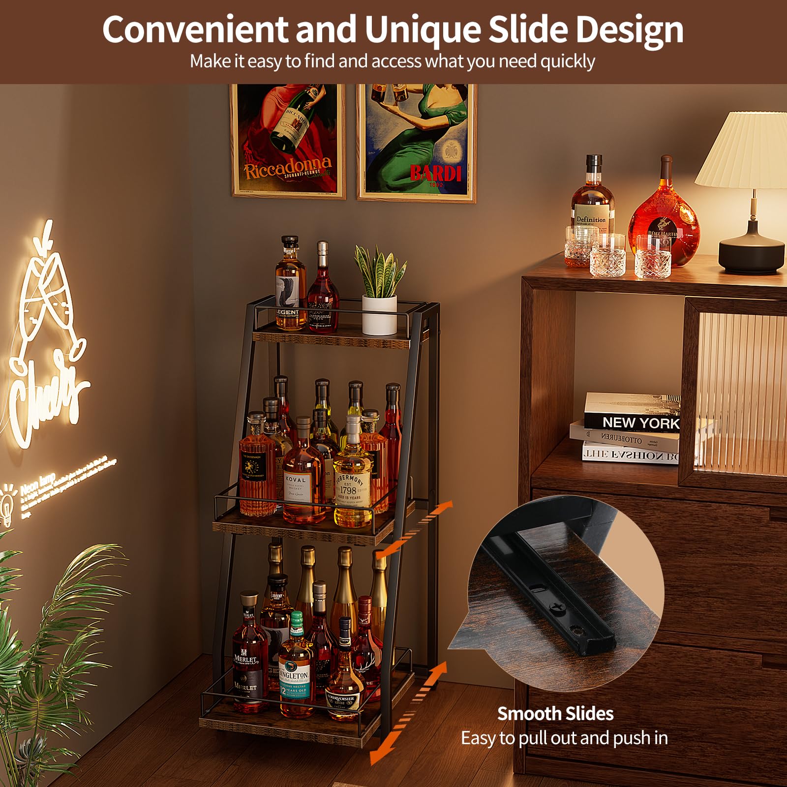 Nuovoware Mobile per Liquori 3 Livelli Mini Bar, Scaffale Vino Terra Whisky, Scaffale Angolare Bottiglie Liquore Recinzione Cassetto Scorrimento per Casa, Cucina, il soggiorno Sala da Pranzo, Nero
