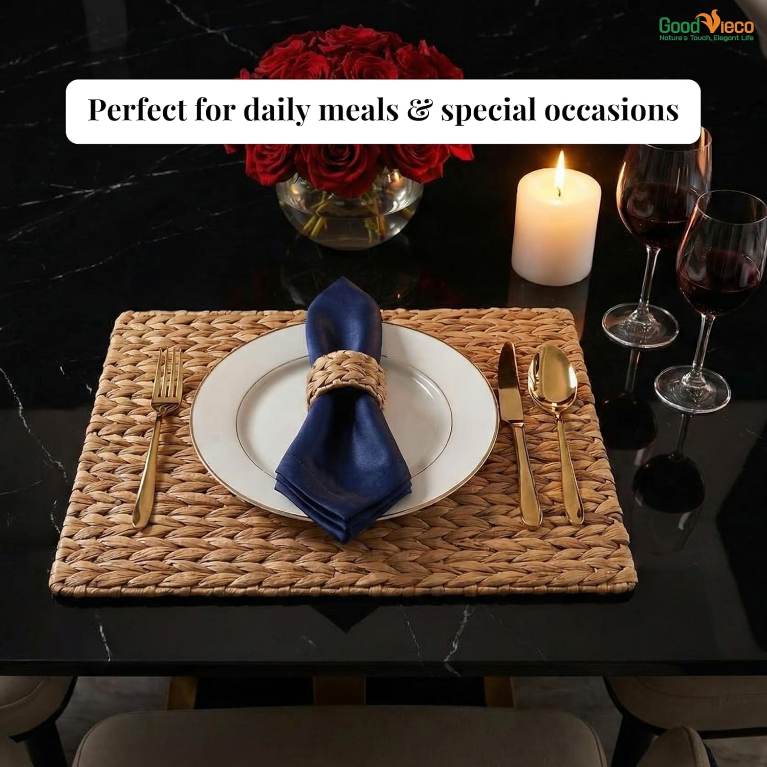 Woven Placemats Set of 10-12 inch, Handcrafted Water Hyacinth Round Rattan Place Mats for Dining Table, Natural Boho Wicker Farmhouse Table Decor, Indoor Outdoor Chargers