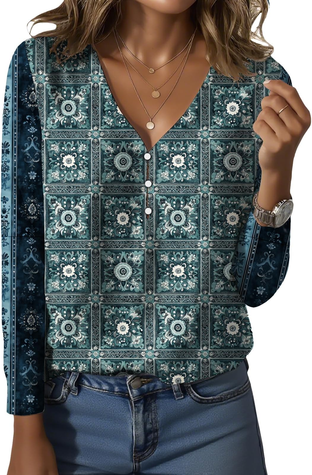 - Womens Vintage Floral Tile Print V Neck Blouse Long Sleeve Lightweight Polyester Top for Office Daily Wear