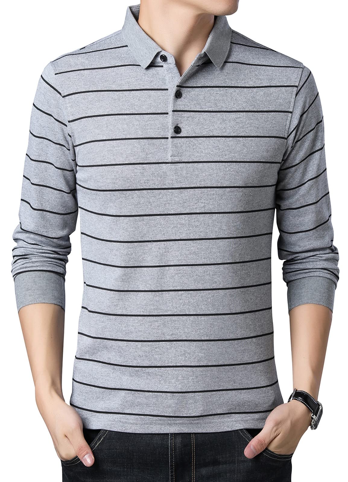 FRTCVMen's Classic Long Sleeve Striped Polo T-Shirt 8906 Gray US M