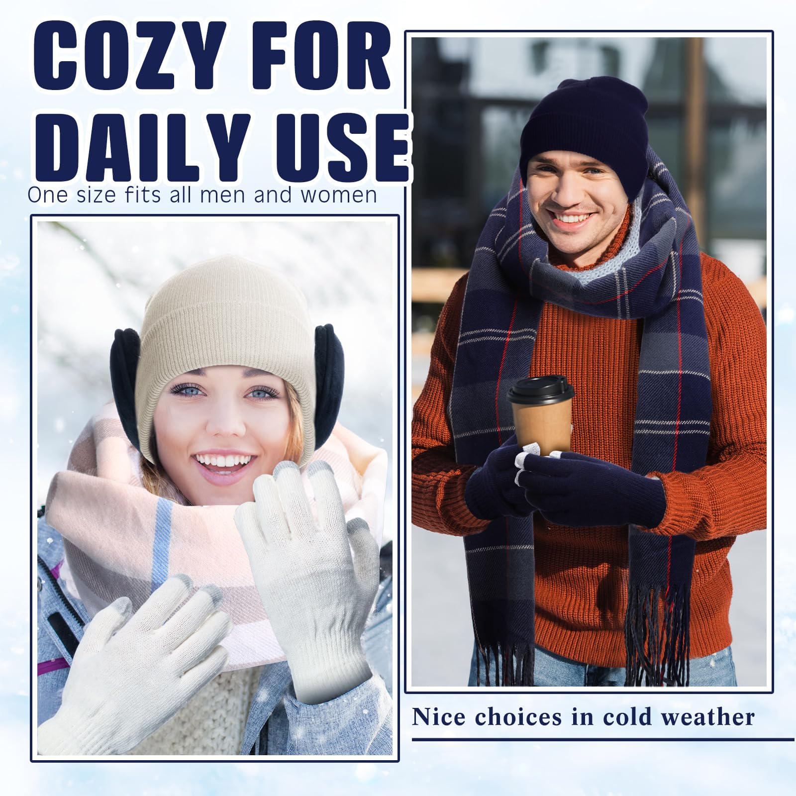 Mepase 24 Pcs Winter Warm Sets Knitted Beanie Hat Bulk Buffalo Plaid Scarf Touch Screen Gloves Earmuff for Men Women Homeless(Elegant Colors)