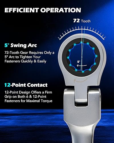 Miniatura 7 de Orion Motor Tech – Juego de 5pcs CR-V Combinación extra larga Box End llave de carraca con cabeza flexible | Métricas 8 mm a 19 mm