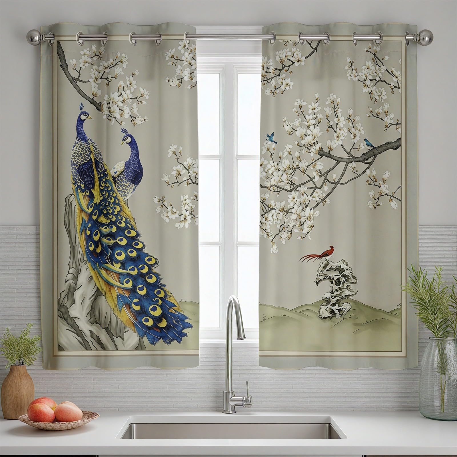 Vorhänge Blumen Pfau, Vorhang Chinoiserie Floral Vogel Blickdicht