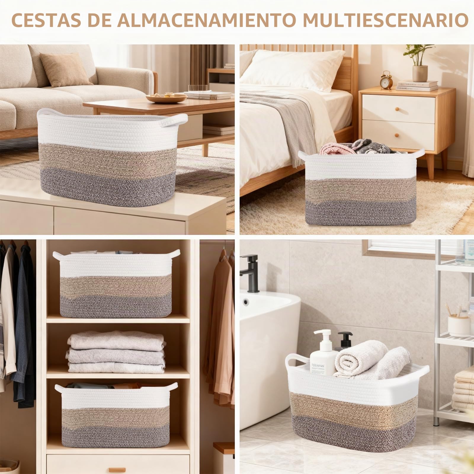 Conjunto de 3 cestas de almacenamiento con correa de algodón (caqui)| Cesta de regalo para bebés, cesta de almacenamiento para juguetes infantiles y cesta de ropa de niños | Cesta de estantería