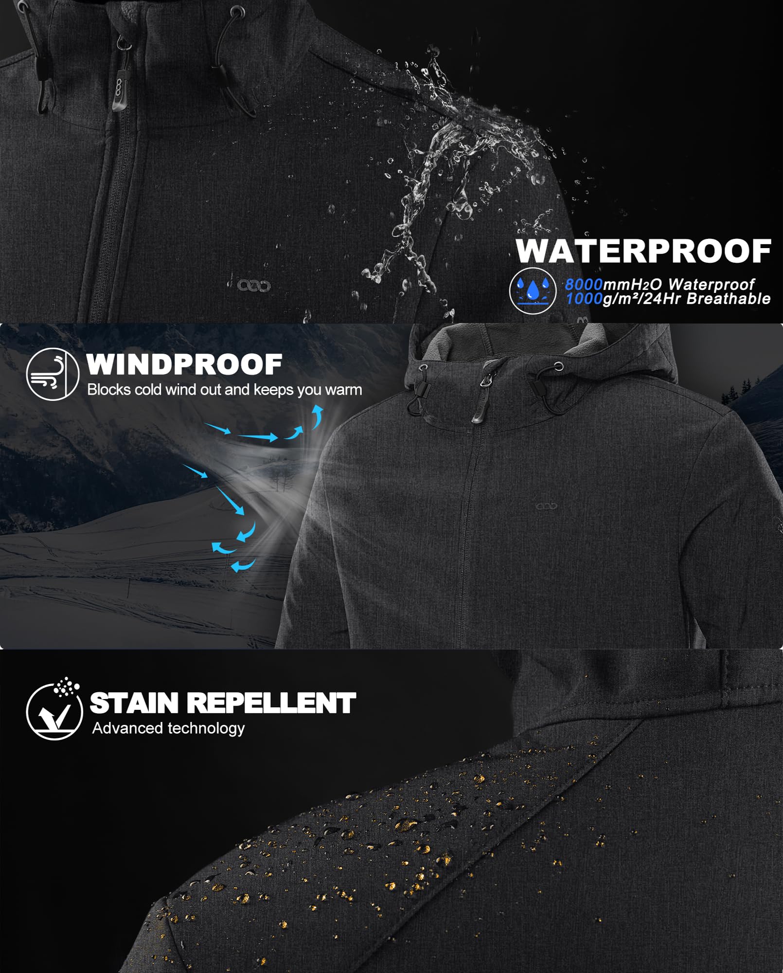 33,000ft Chaqueta para hombre, impermeable, transpirable, Softshell, chaqueta de entretiempo, cortavientos, chaqueta de senderismo con capucha