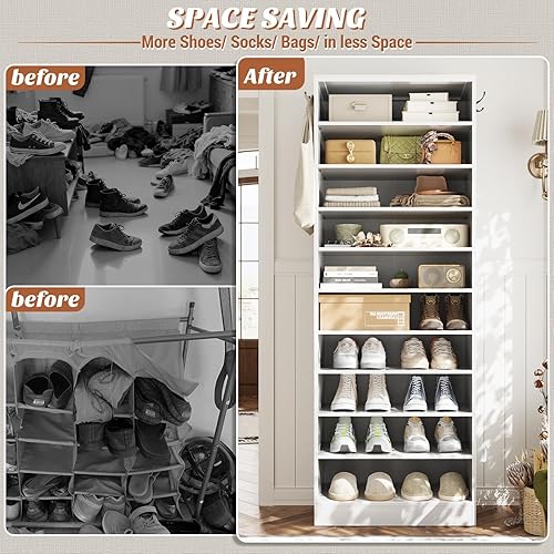 Miniatura 6 de Aheaplus Zapatero de madera de 10 niveles, organizador vertical de almacenamiento de zapatos con ganchos, torre de zapatos de esquina estrecha para