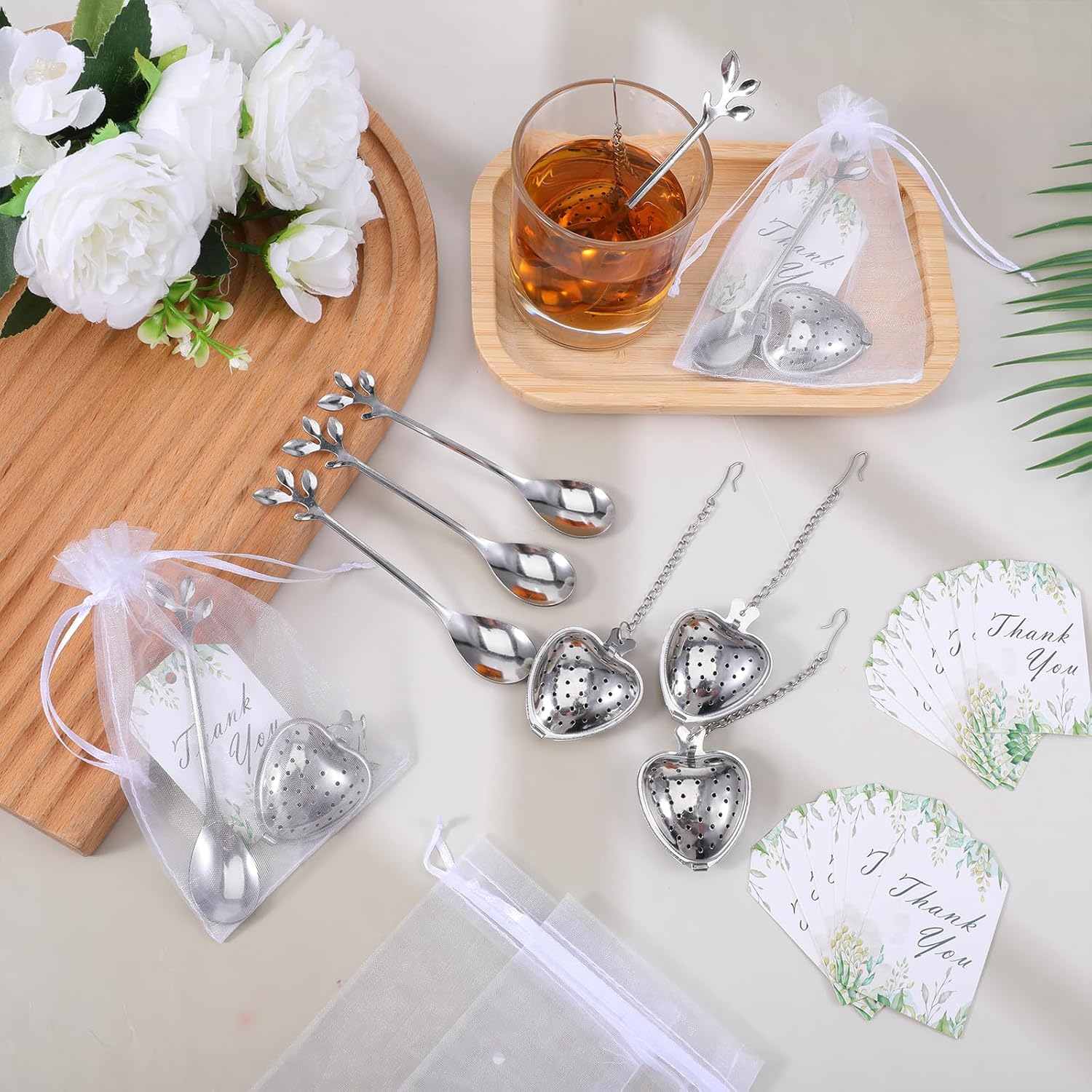 25 Sets Bridal Shower Tea Party Favor for Guests Heart Shape Infuser Ball Leaf Tea Spoon for Loose Teas with Thank You Cards Organza Bag Wedding Souvenir Party Decorations (Silver)