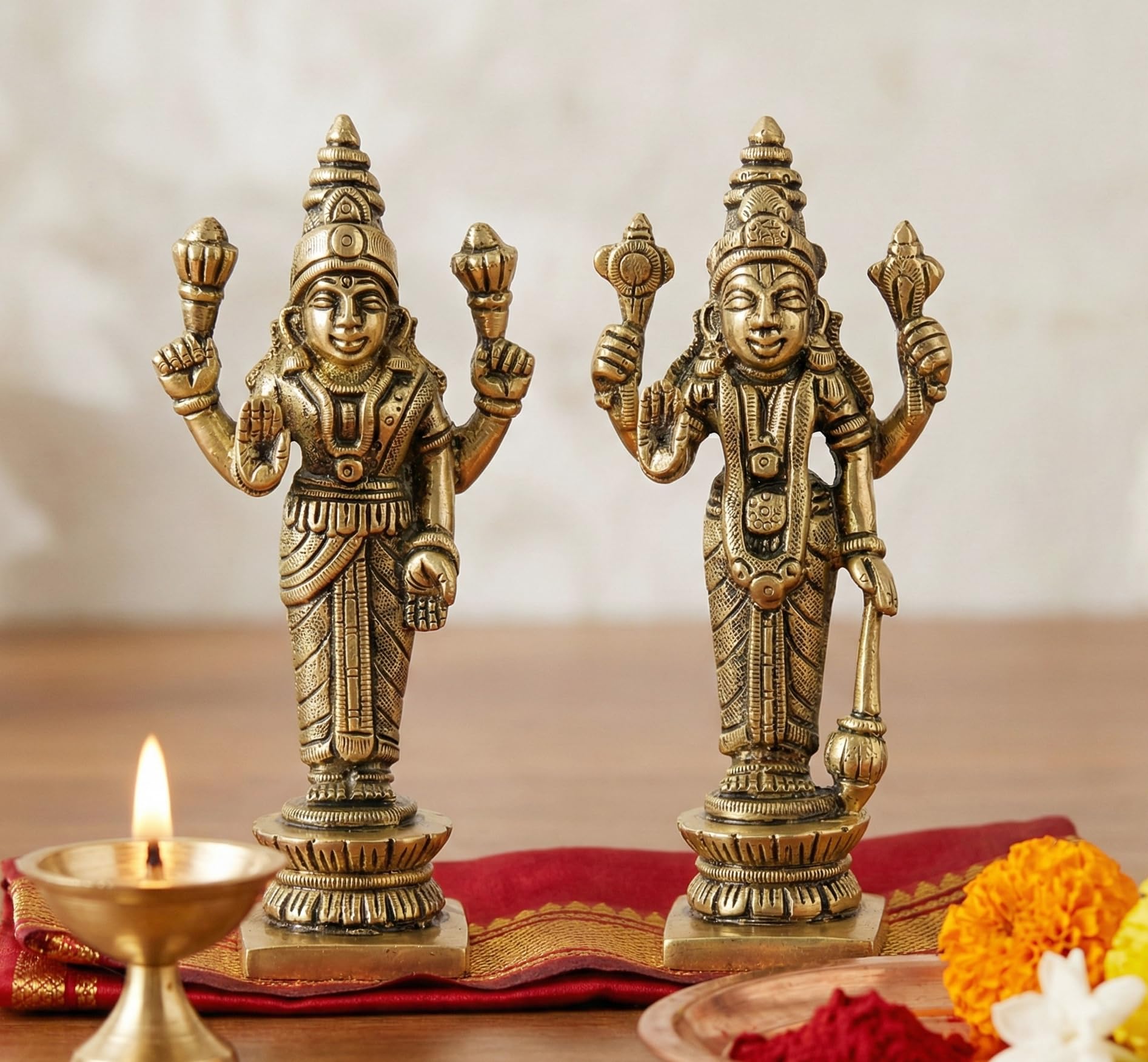 eSplanade Brass Lakshmi Narayan Pair - Vishnu Laxmi Murti Idol Statue Sculpture | Pooja Idols - Home Decor | Golden - 5" Inches