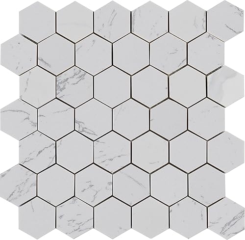 Simple Tile - 5 hojas de azulejos de mosaico de mármol de ingeniería para salpicaduras de cocina, suelo de baño de baño, colección hexagonal de 2