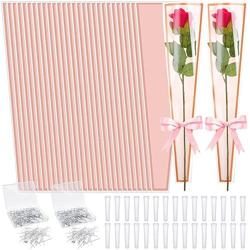 Outus Juego de 600 piezas de envoltura de flores individuales para graduación del Día de la Madre, 200 fundas de rosas individuales con 200 tubos de