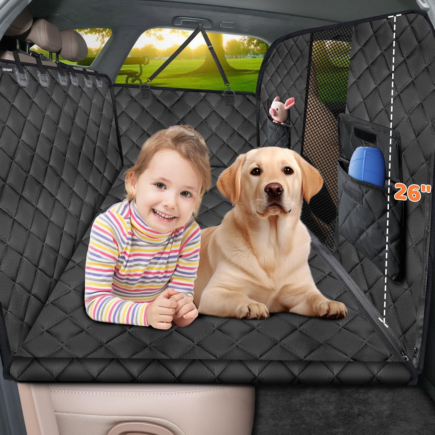 URPOWER 2026 Upgraded Back Seat Extender for Dogs - Large Hard Bottom Dog Car Seat Cover Holds 550lbs, Waterproof Dog Hammock Pet Bed with High-Density Foam Non-Slip Backseat...