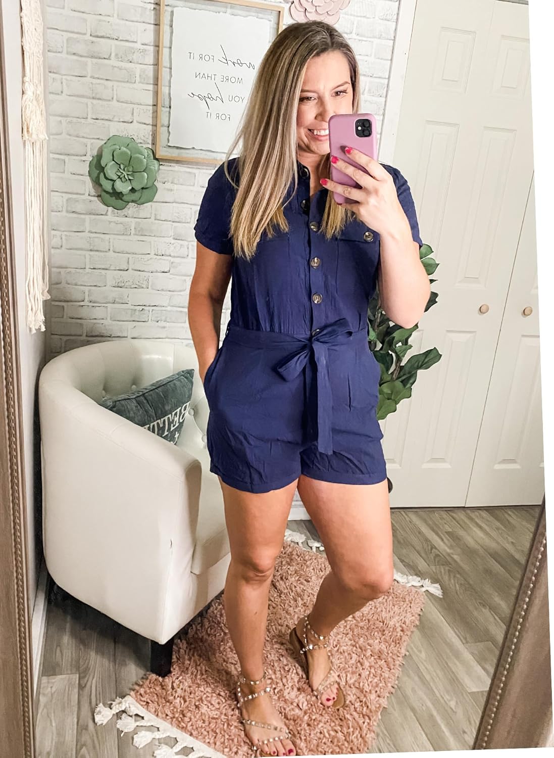 GRAPENT Women's Summer Short Sleeve Button Down Pockets Belted Jumpsuits Rompers - Image 3