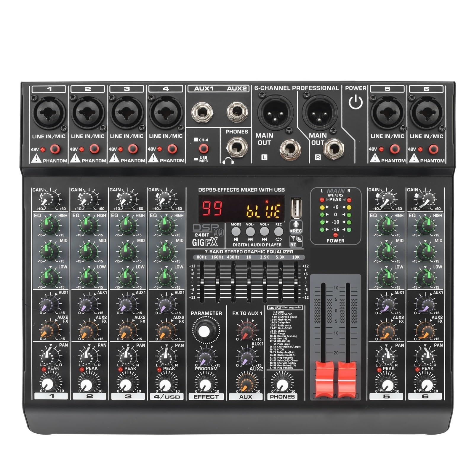 Audiomixer 6 Kanäle Audio DJ Mixer Individuelle 48V 2 AUX Ausgang Mischpult 99 Effekte USB Play Sound Mix Table