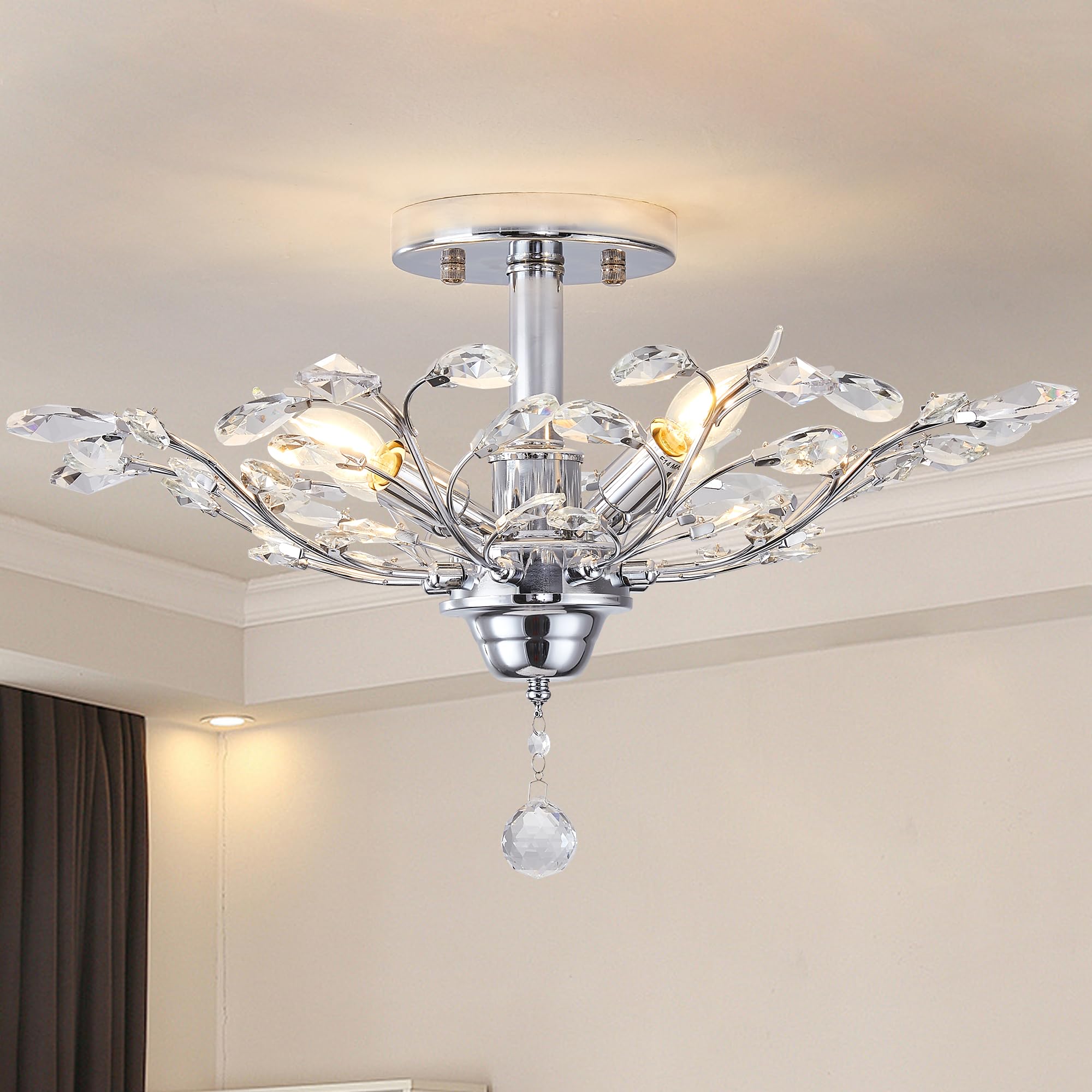 Ganeed Vintage K9 Klare Kristall Kronleuchter Deckenbeleuchtung Pendelleuchte Unterputzleuchte für Wohnzimmer Esszimmer Restaurant Veranda Flur Silber 4 Lichter