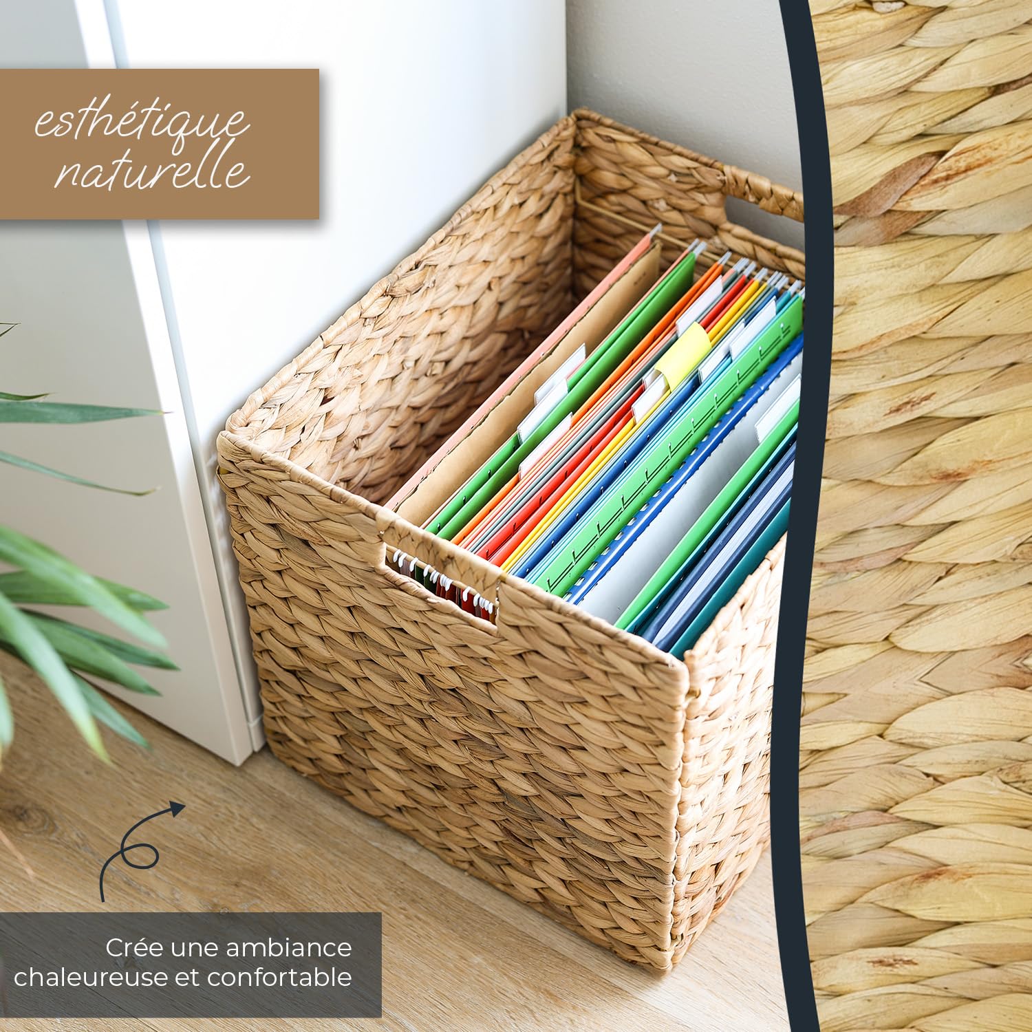 HMF Panier de Rangement pour Dossiers Suspendus A4, Panier Jacinthe d’Eau Compatible KALLAX avec Poignées | 33 x 38 x 32 cm | Naturel