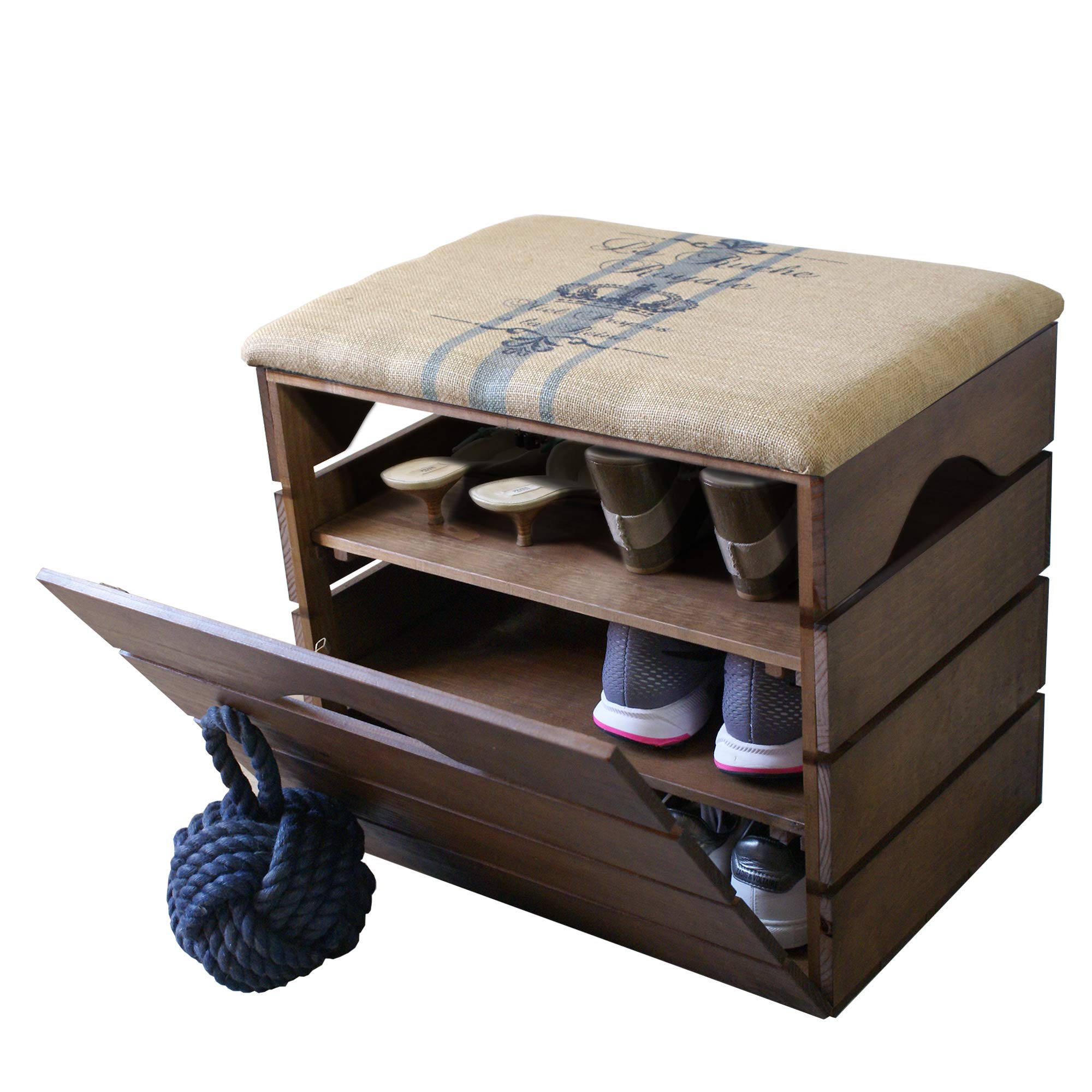 Liza Line WOODEN SHOE RACK with Pull Down Door and Seat Cushion (Walnut Brown)