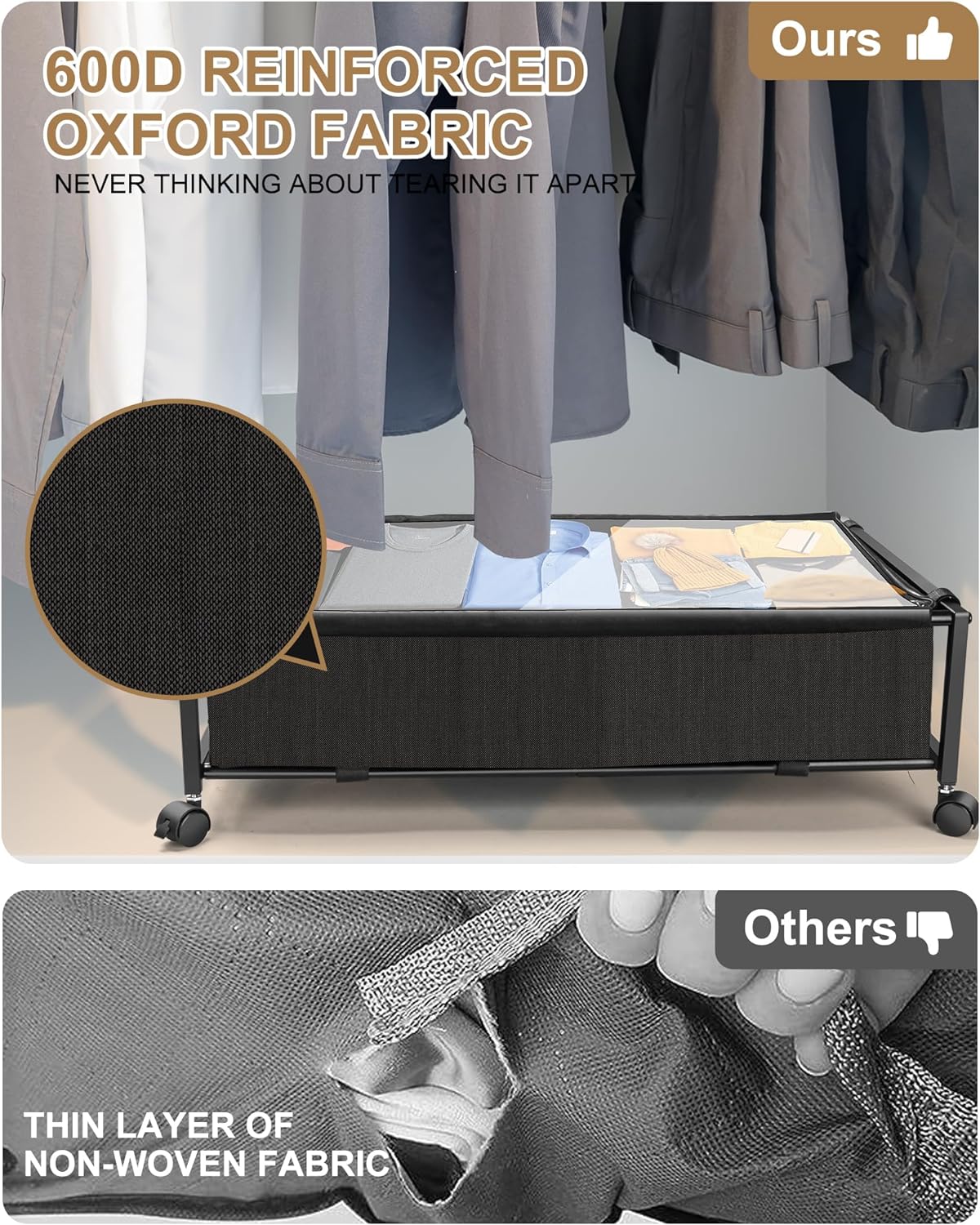 Under Bed Storage with Wheels 2 Packs, Under Bed Drawers, Underbed Storage with Wheels and Lid, Rolling Underbed Drawers for Clothes, Shoes, Blankets, Toys (Black)